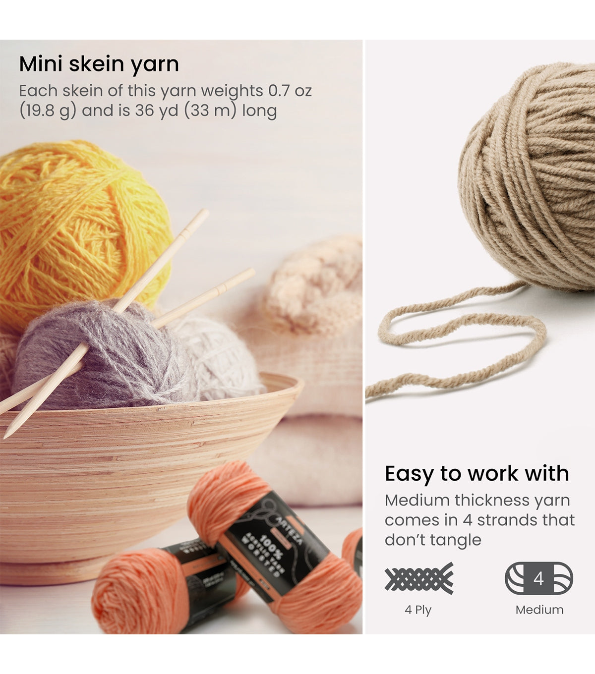 100% Acrylic Yarn, Worsted, Light Colors - Mini Pack of 20