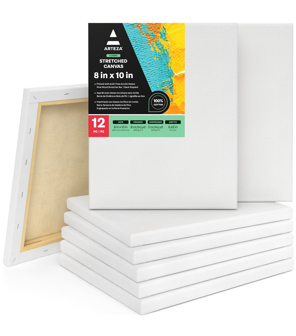 Arteza 8x10 Stretched White Blank Canvas, Bulk Pack of 12, Primed 100% Cotton