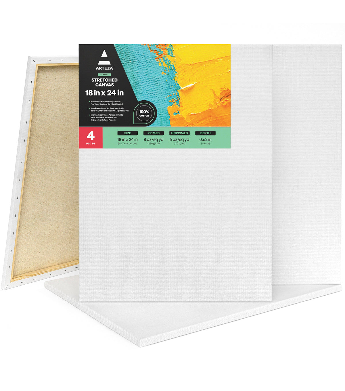 Arteza Stretched Canvases for Painting, Pack of 4, 18 x 24 Inches, Blank  White Canvases, 100% Cotton, 12.3 oz Gesso-Primed, Art Supplies for Acrylic