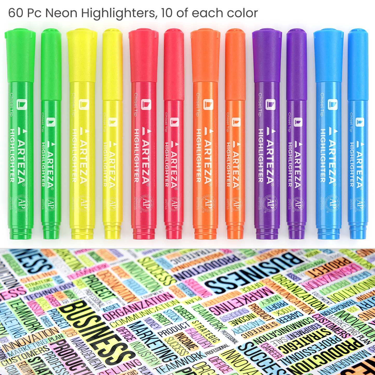 Highlighters, Assorted Colors, Broad & Narrow Chisel Tips - Set of 60
