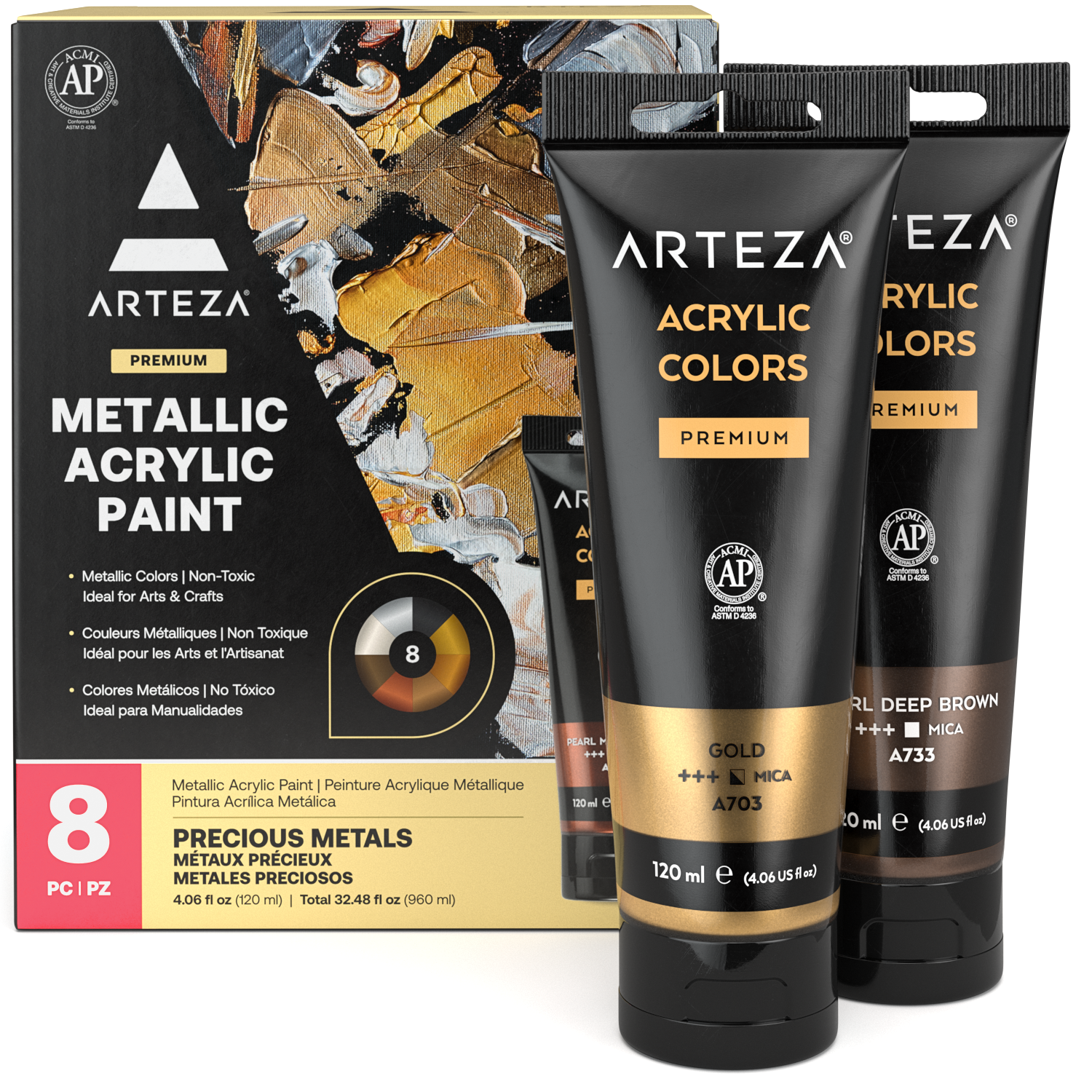 Arteza Acrylic Artist Paint, Metallic, 120ml Tubes, Set of 8