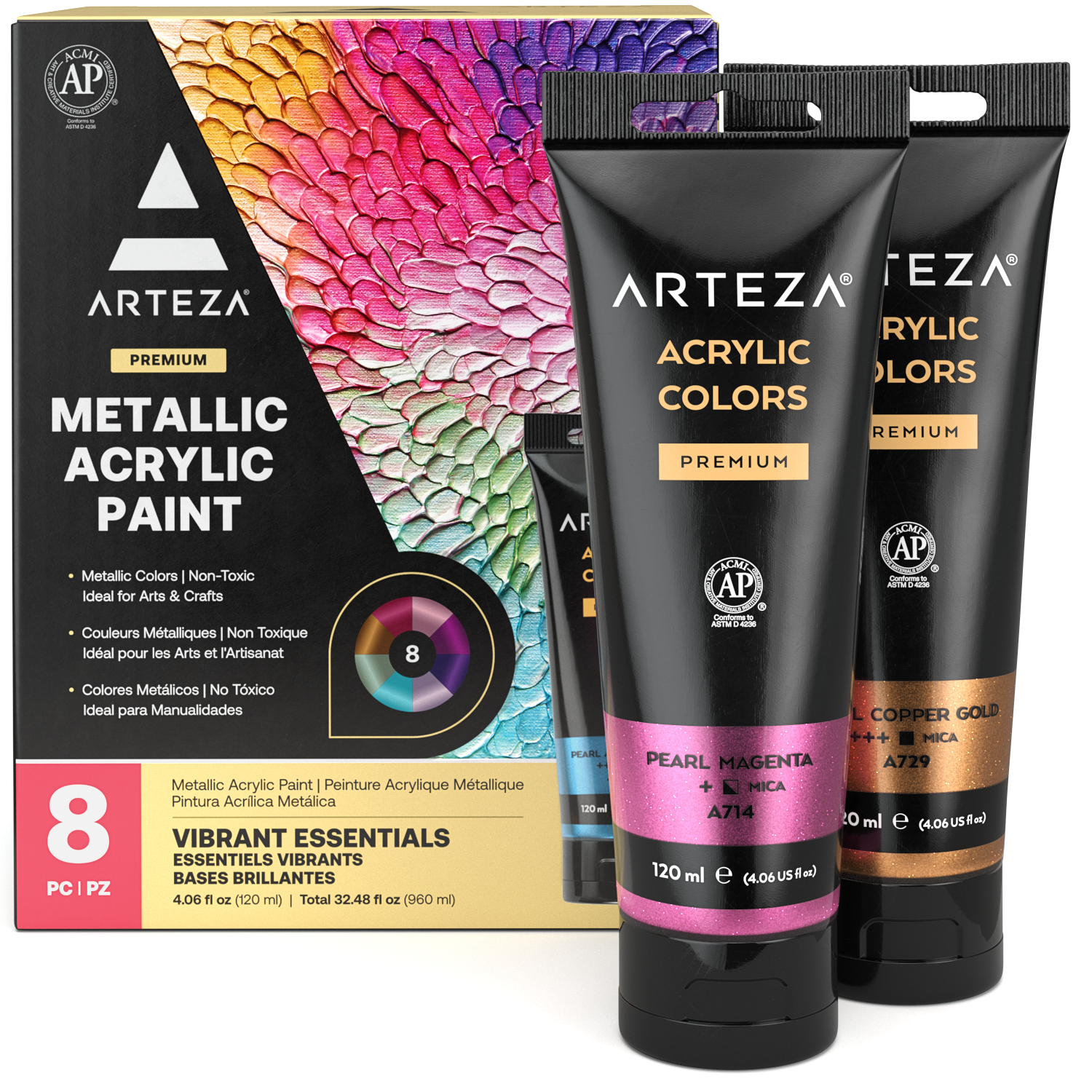 Arteza Metallic Acrylic Paint, Vibrant Essentials, 4oz/120ml, Set of 8