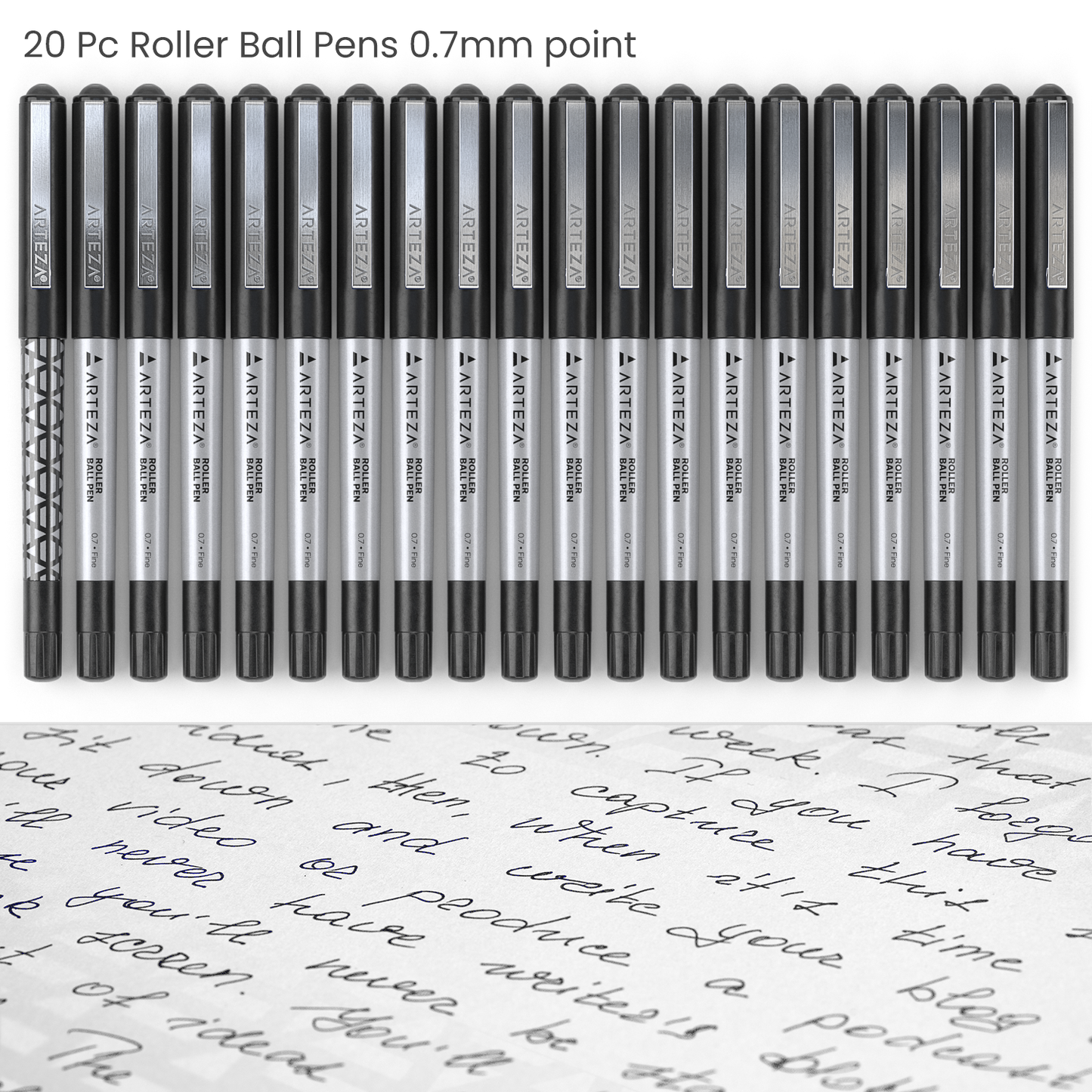 Roller Ball Pens, Black, 0.7mm Fine Nib - Set of 20