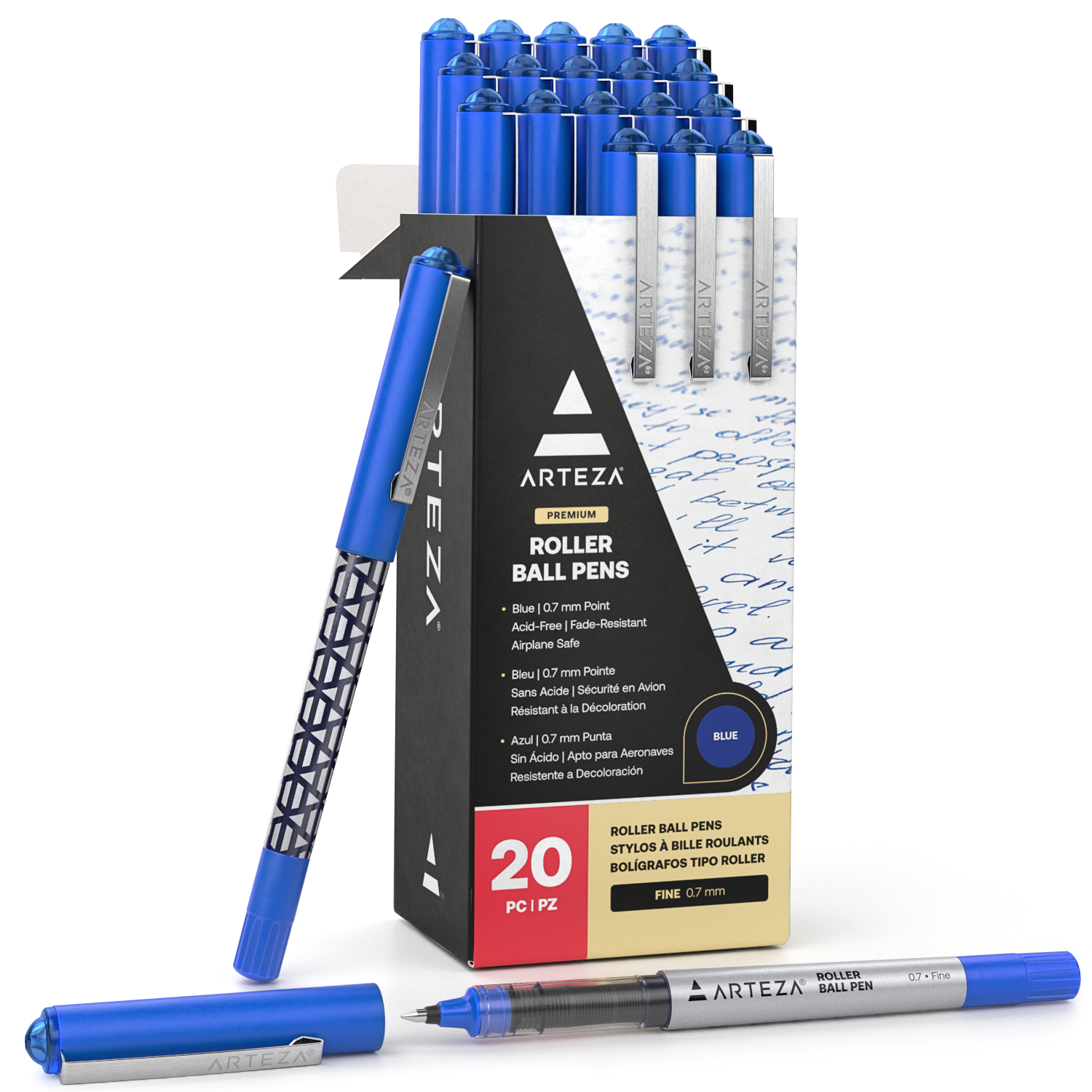 Arteza Roller Ball Pens, Blue Ink, 0.7 mm Bullet Point - 20 Pack