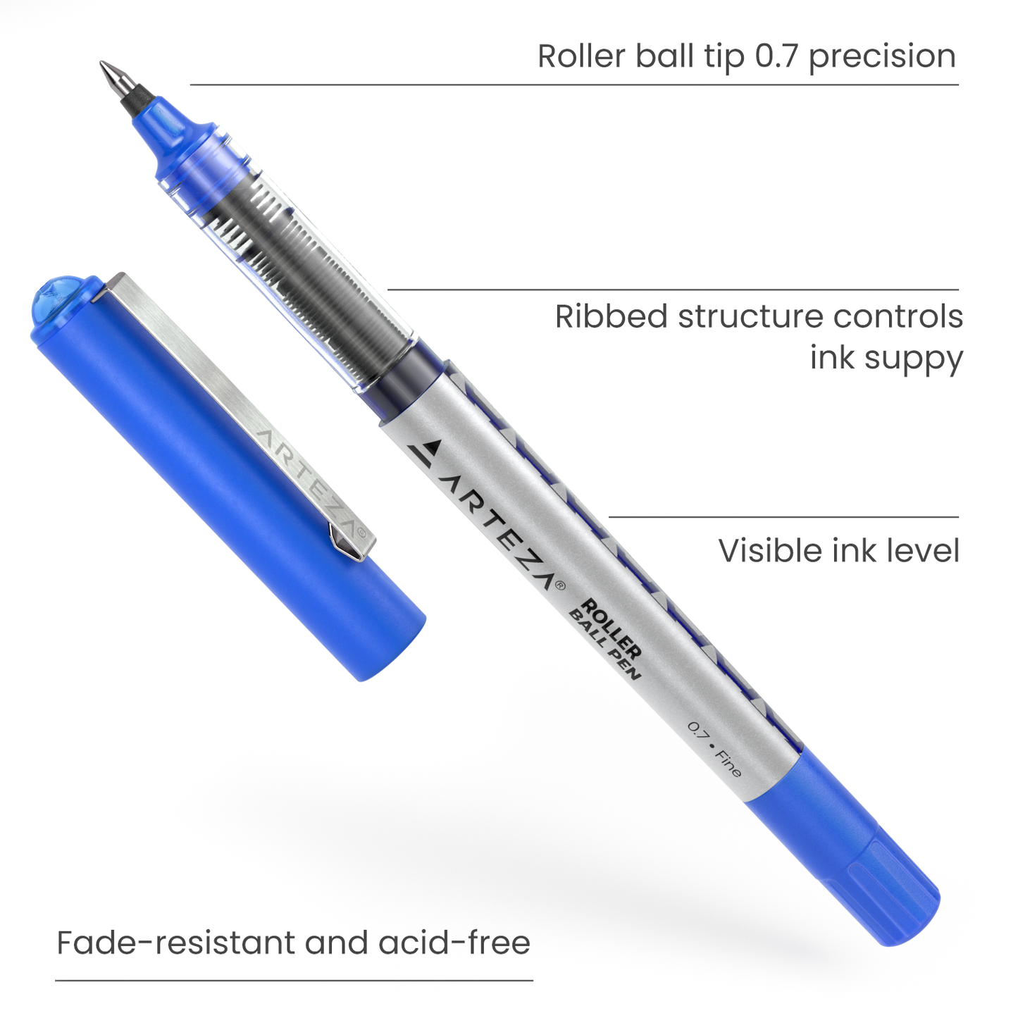 Roller Ball Pens, Blue, 0.7mm Fine Nib - Set of 20