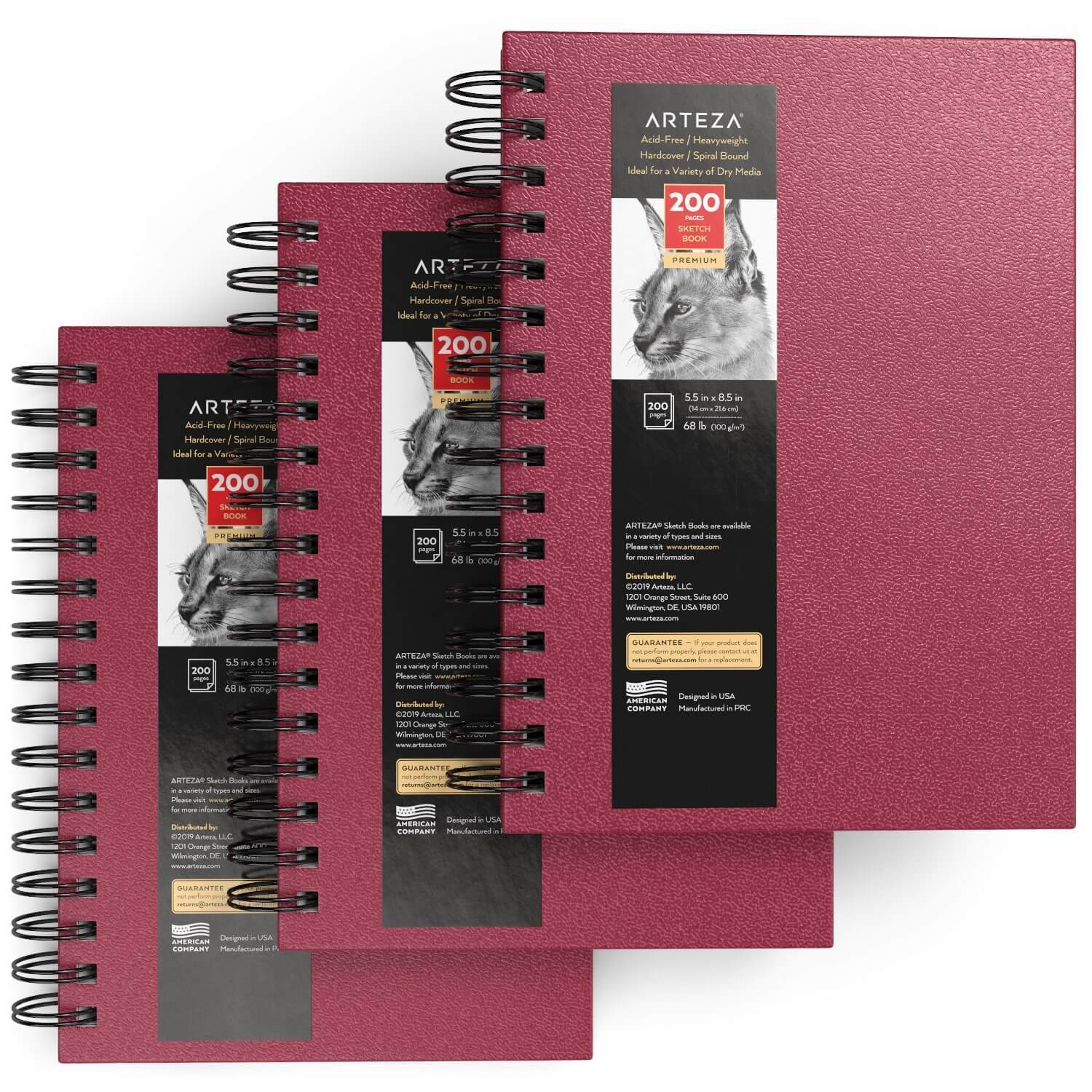 Arteza Spiral Sketchbook, Pink Hardcover, 5.5x8.5 inch, 100 Sheets of Drawing Paper - 3 Pack