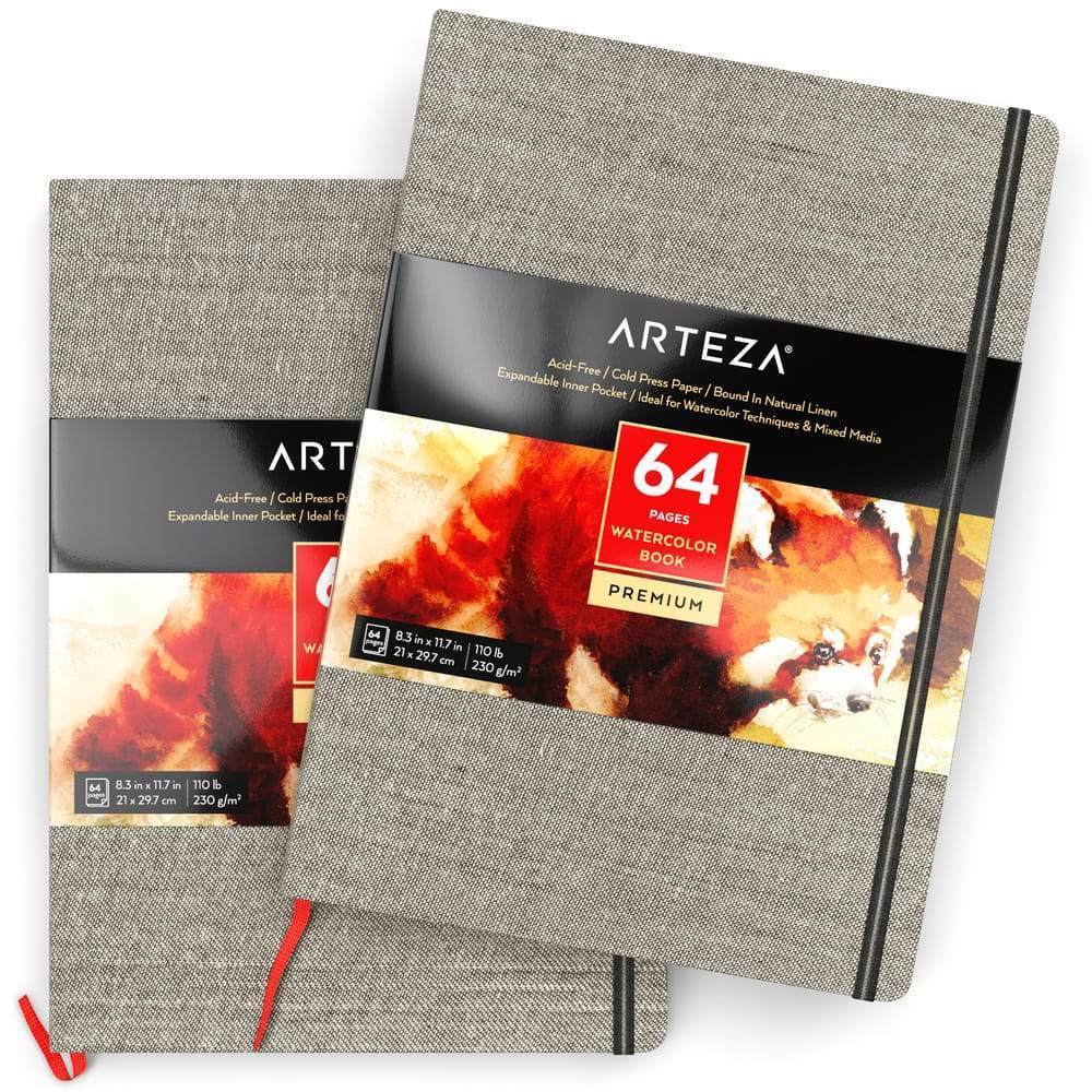 ARTEZA 8.3x11.7 Watercolor Book, Pack of 2 Watercolor Sketchbooks, 64  Pages per Pad, 110lb/230gsm, Linen Bound with Bookmark