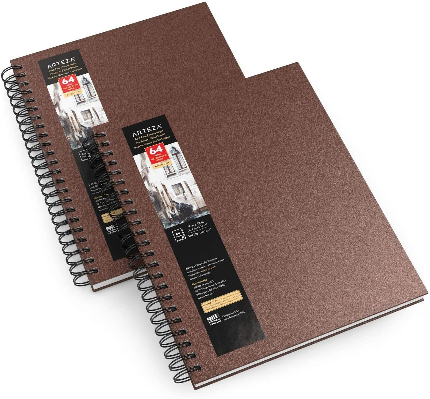 Watercolor Book, Spiral-Bound Hardcover, Brown, 9" x 12” - Pack of 2