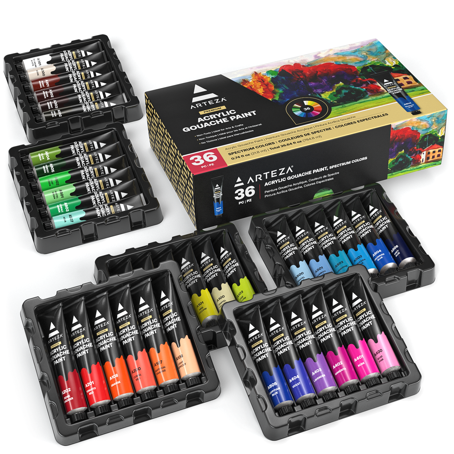 Artecho Gouache Acrylic Paint Set, 24 Colors ( 30ml / 1oz ) with 10 Paint Brushes & A Color Palette, Non-Toxic, Acrylic Paint for Acrylic Gouache on