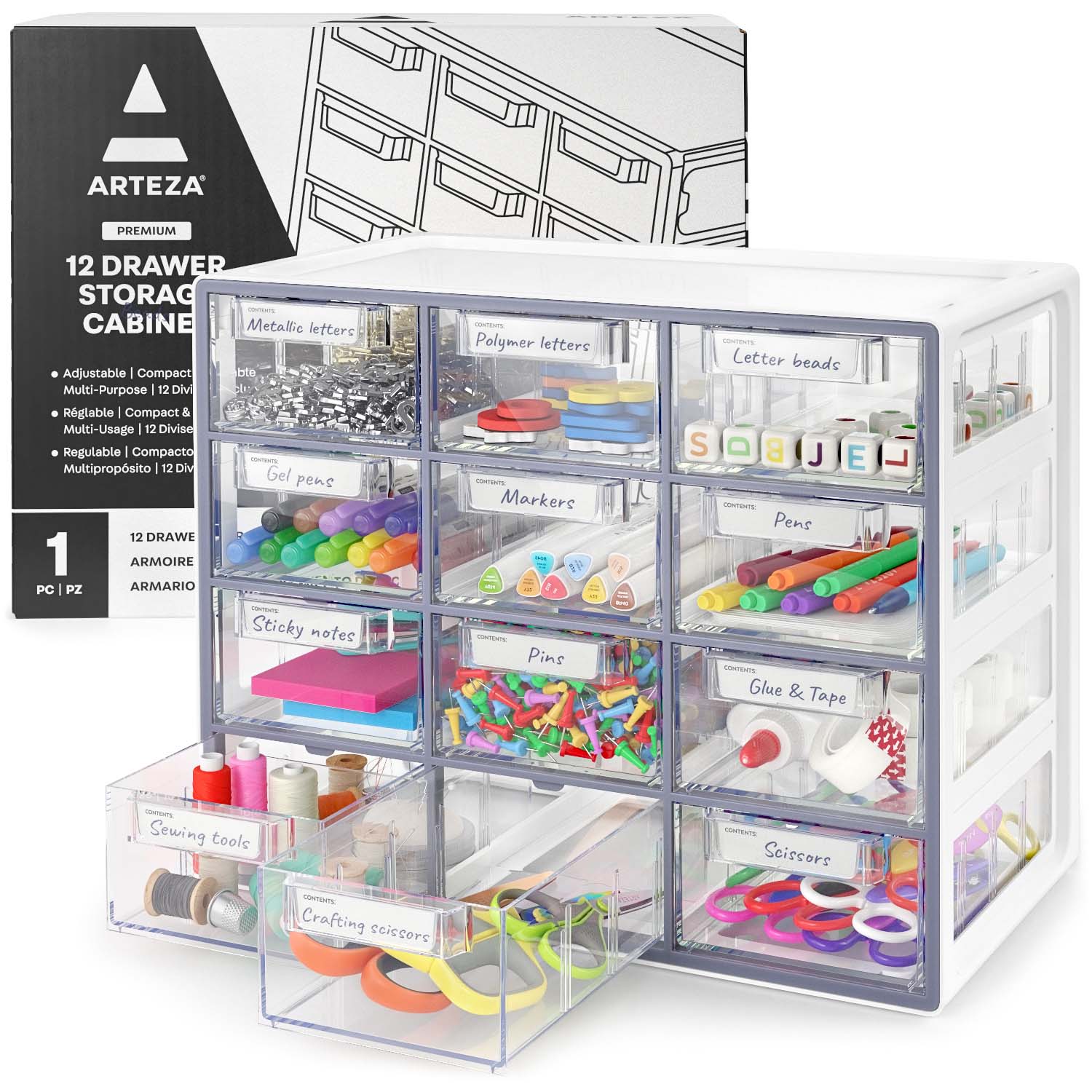 Arteza Desk Drawer Organizer, Multipurpose 12-Drawer Cabinet for Makeup Storage, Tools, and Art Supplies, 9.21in x 16.22in x 12.79in