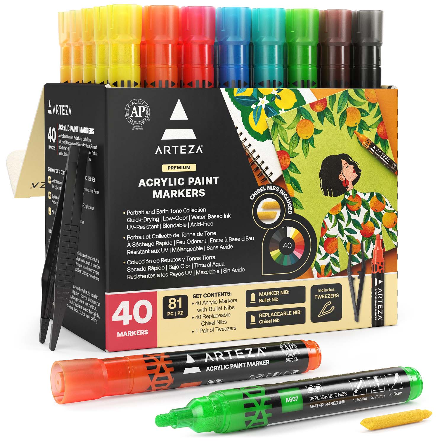 Acrylic Markers, Bright Colors, Fine Nib - Set of 40
