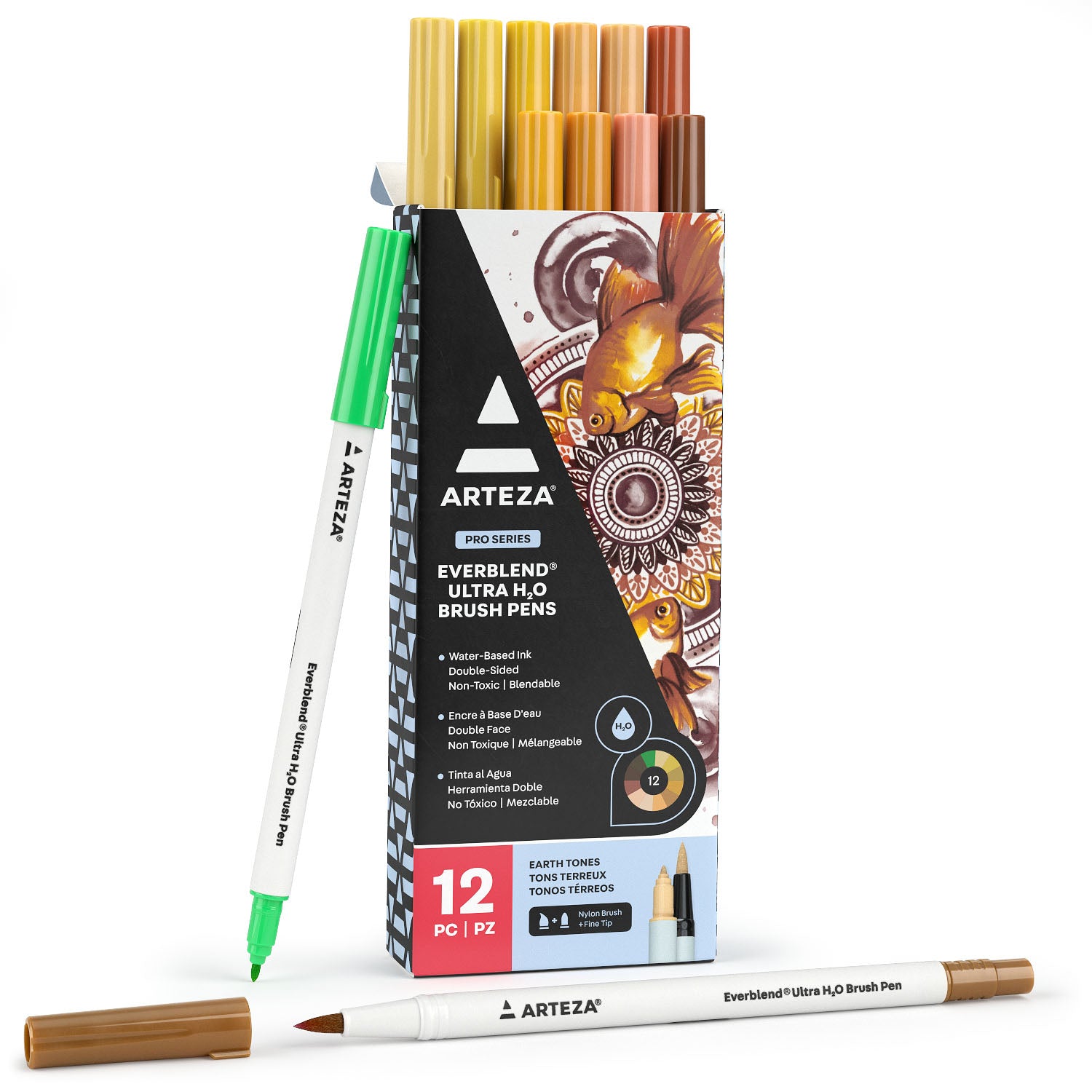 Arteza Professional Everblend Dual Tip Ultra Artist Brush Sketch Markers,  Classic Colors, Replaceable Tips - 12 Pack 