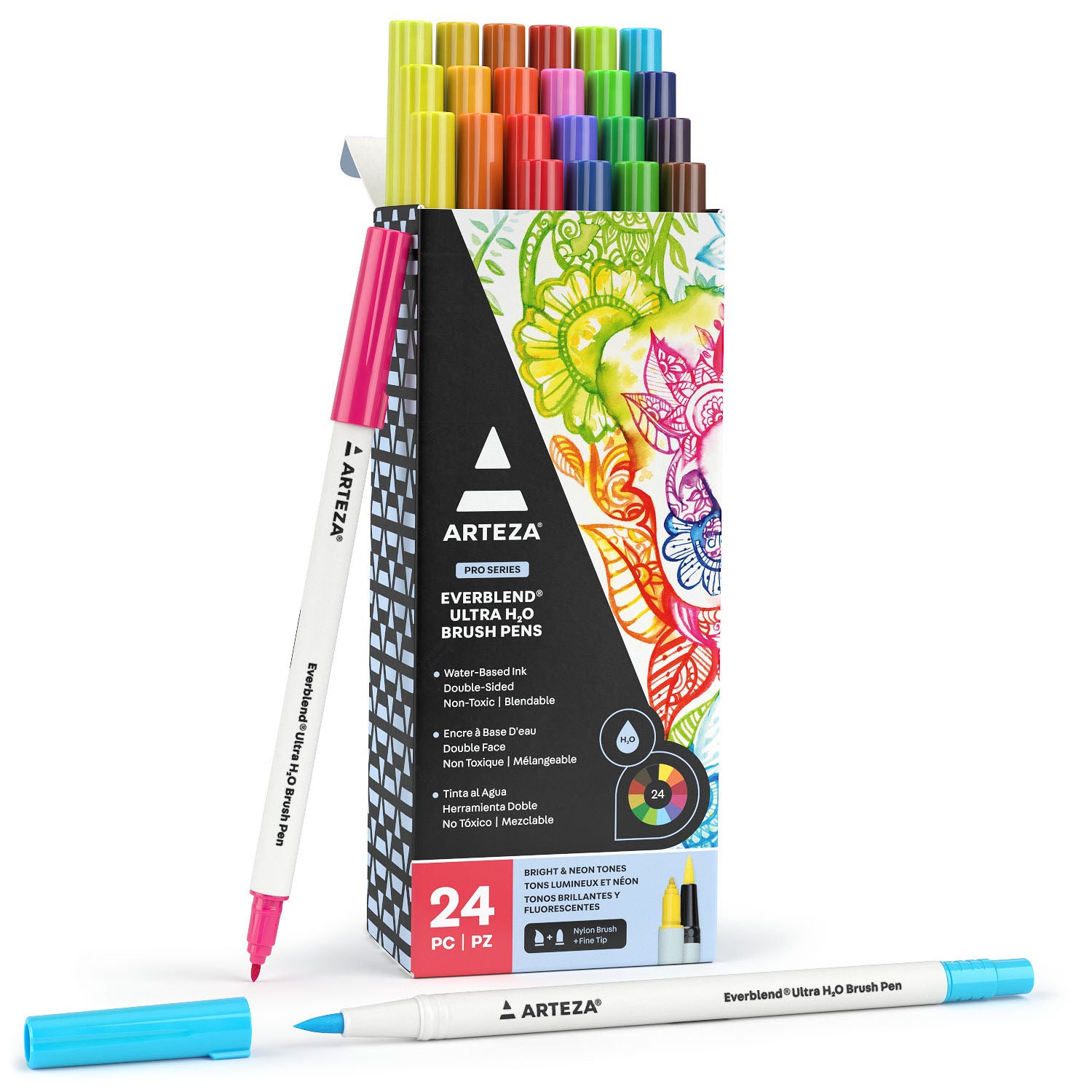 Arteza Dual Tip Brush Pens, 24 Watercolor Calligraphy Markers, Bright and Neon Tones, Nylon Brush and Fine Tip for Illustrati