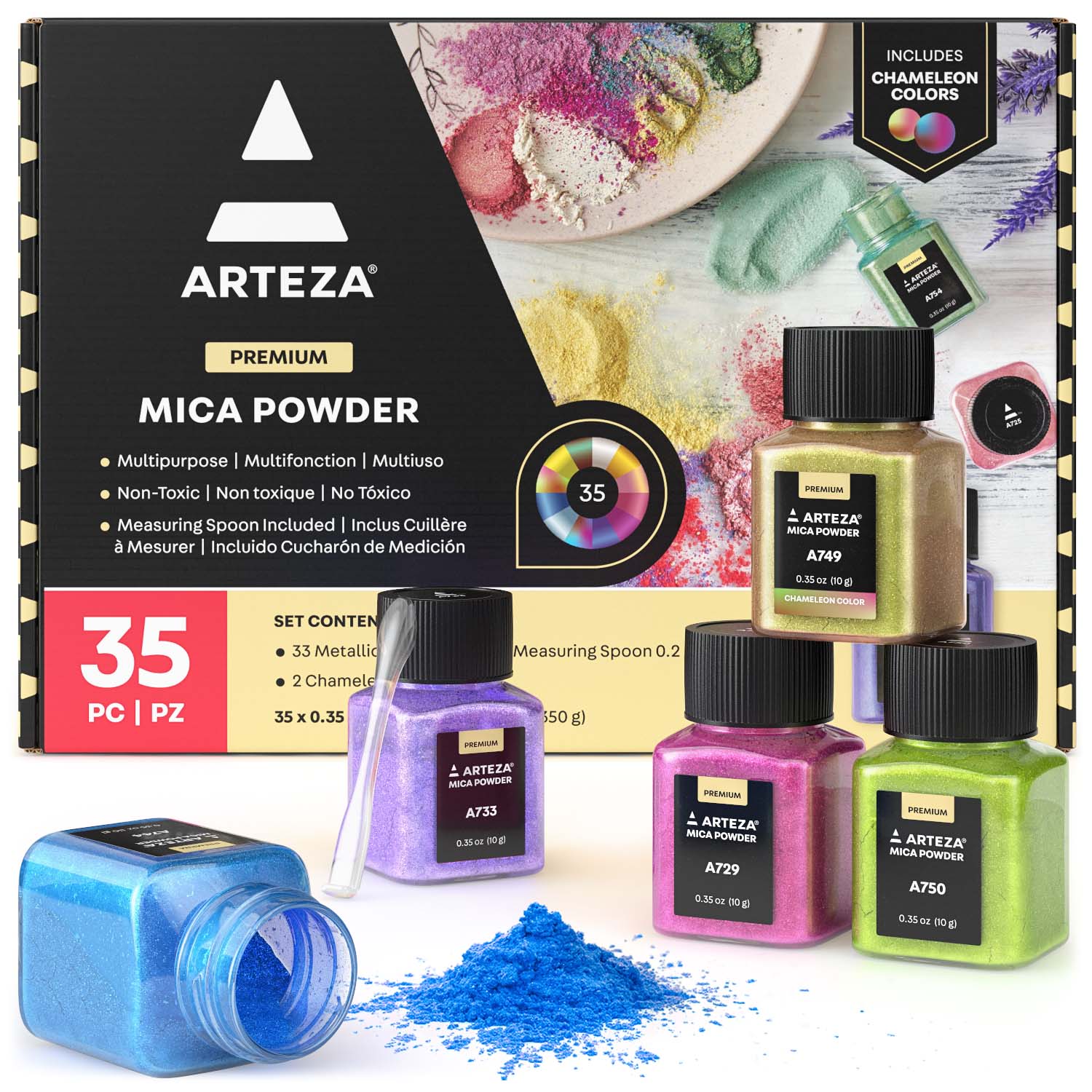 Arteza Mica Powder for Epoxy Resin, 35 Colors, 0.35 oz Bottles, Art Supplies for Candle & Slime Making