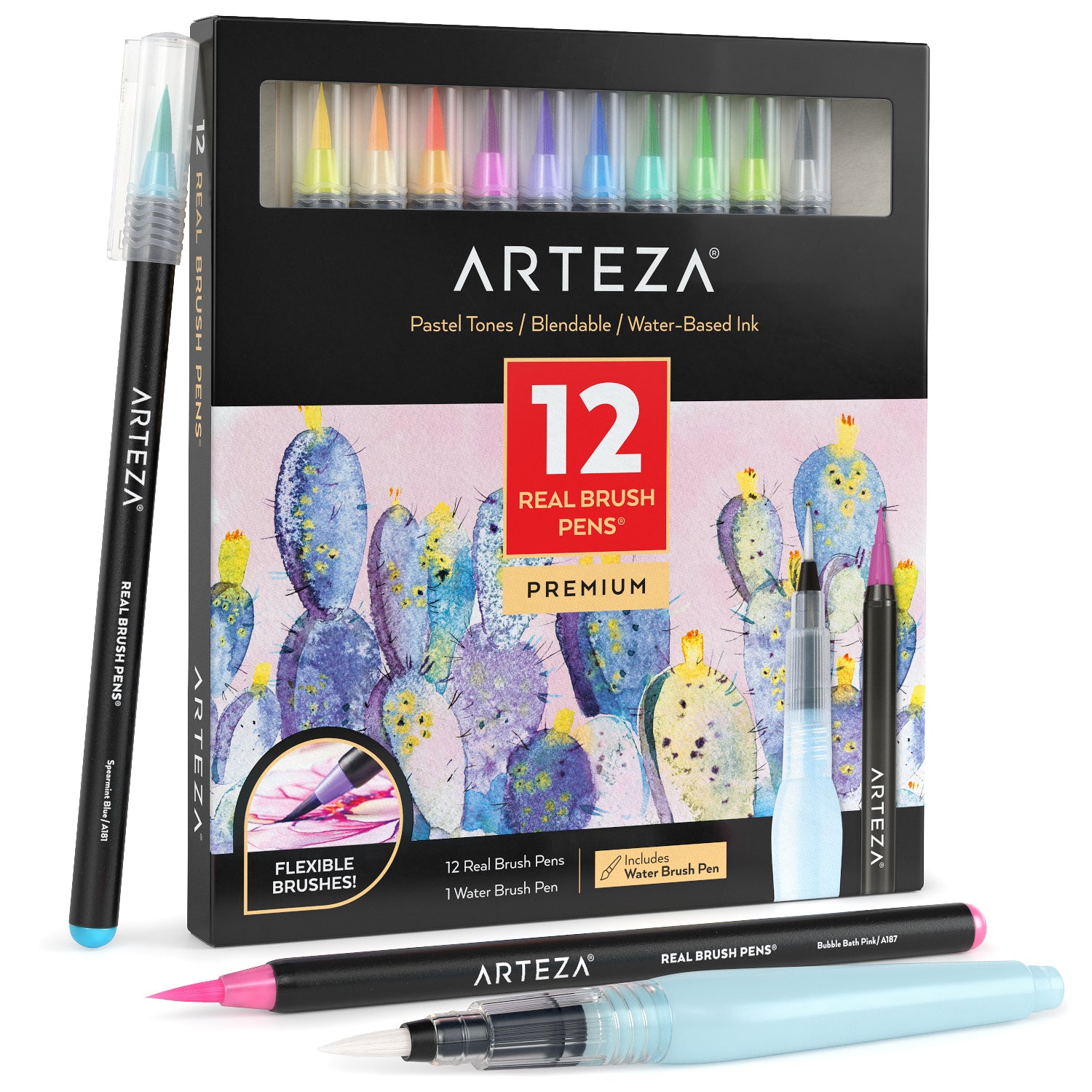 Arteza arteza real brush pens, set of 12 paint markers with flexible brush  tips, 100% nontoxic, professional watercolor pens for pai