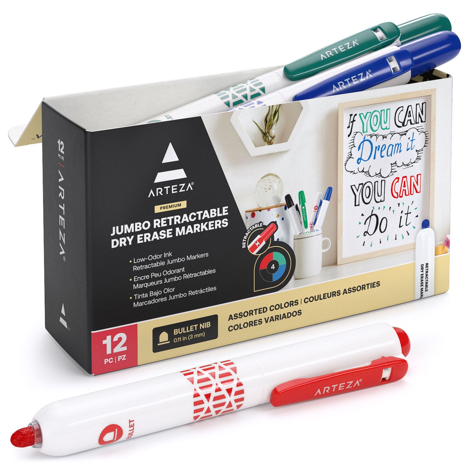 Arteza ARTZ-8416 ARTEZA Fine Tip Dry Erase Markers with Eraser, Pack of 24  Low Odor Magnetic Dry Erase Pens, 12 Assorted colors Whiteboard Marker