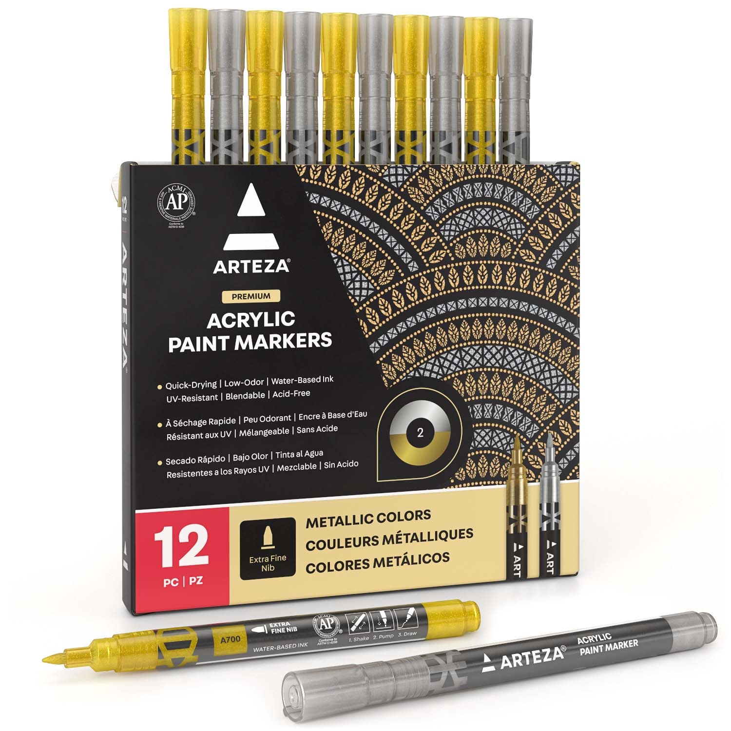 Arteza Premium Acrylic Artist Marker Set, Classic Hues and Metallic Colors,  Replaceable Tips - 20 Pack 