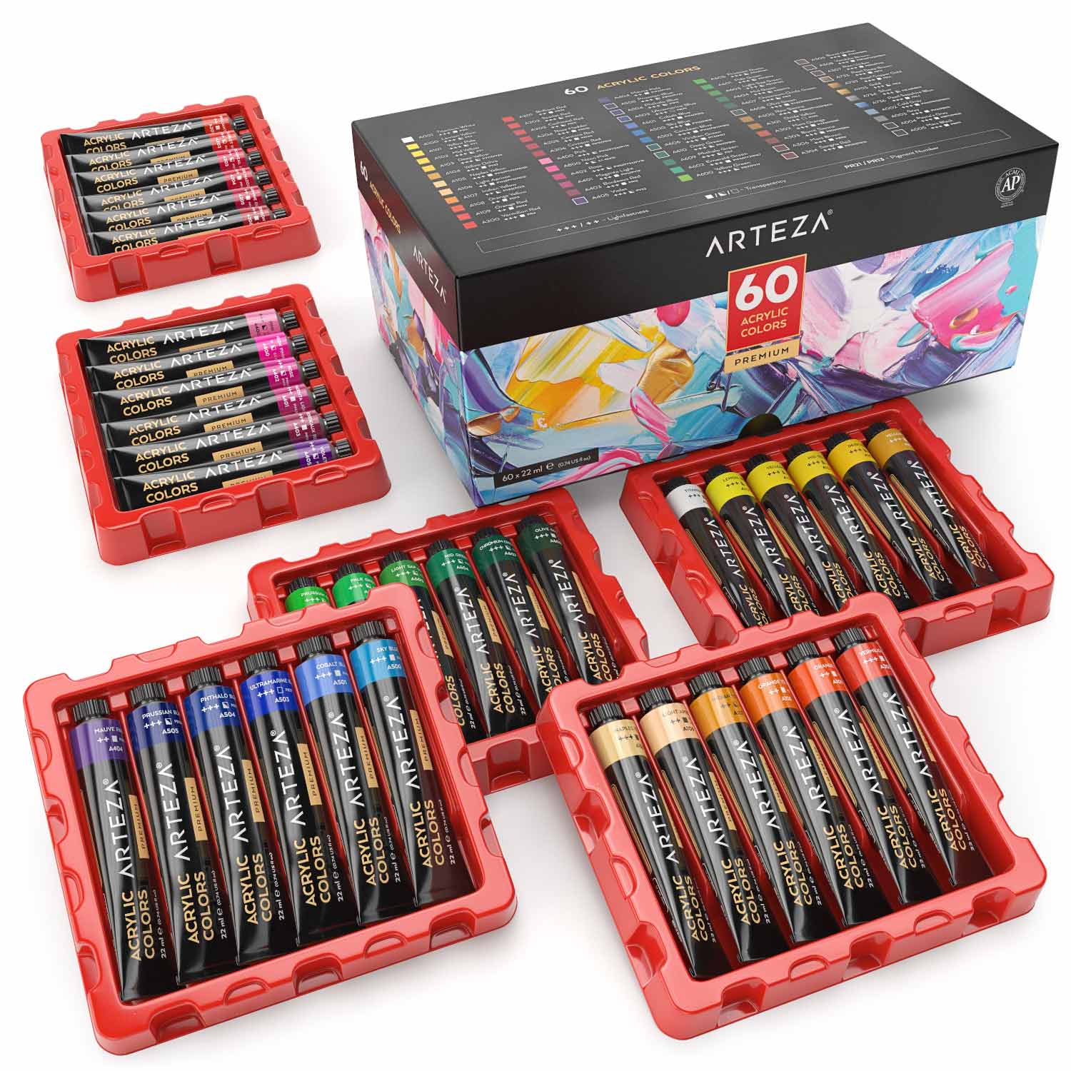 US Art Supply 50-Piece Acrylic Painting Set with Wood Storage Case 24-Tubes Acrylic Colors 12 Colored Pencils 2 Graphite Pencils 4 Artist Brushes