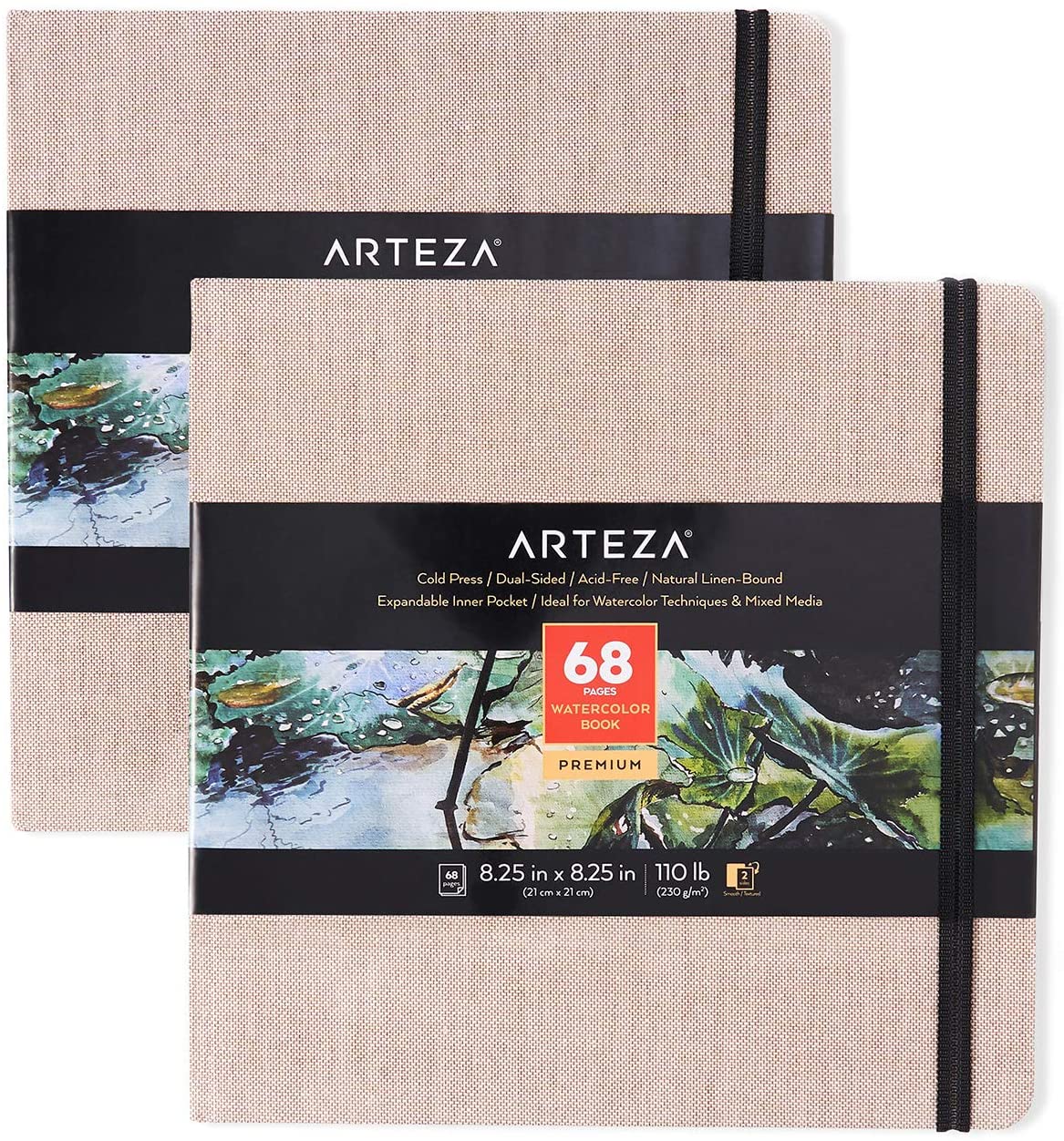 Arteza 8.3x11.7 Inch Watercolor Book, Pack of 2, 64 Pages per Pad,  110lb/230 GSM, Linen Bound with Bookmark Ribbon and Elastic Strap, Art  Supplies for