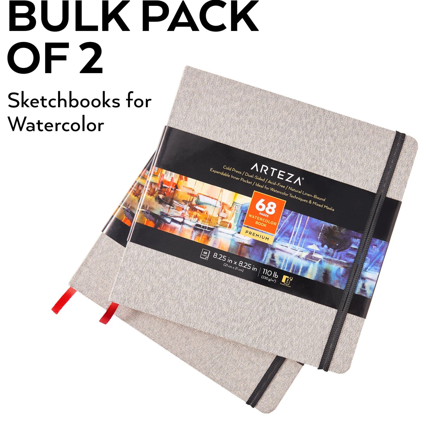 Watercolor Book, Gray Hardcover, 8.25" x 8.25", 68 Pages - Pack of 2