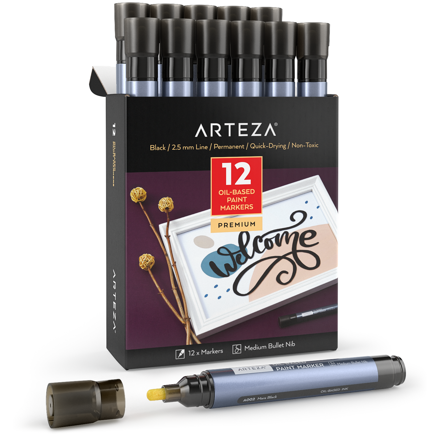 Arteza Fineliner Pens, Inkonic, Fine Line, Black - 12 Pack