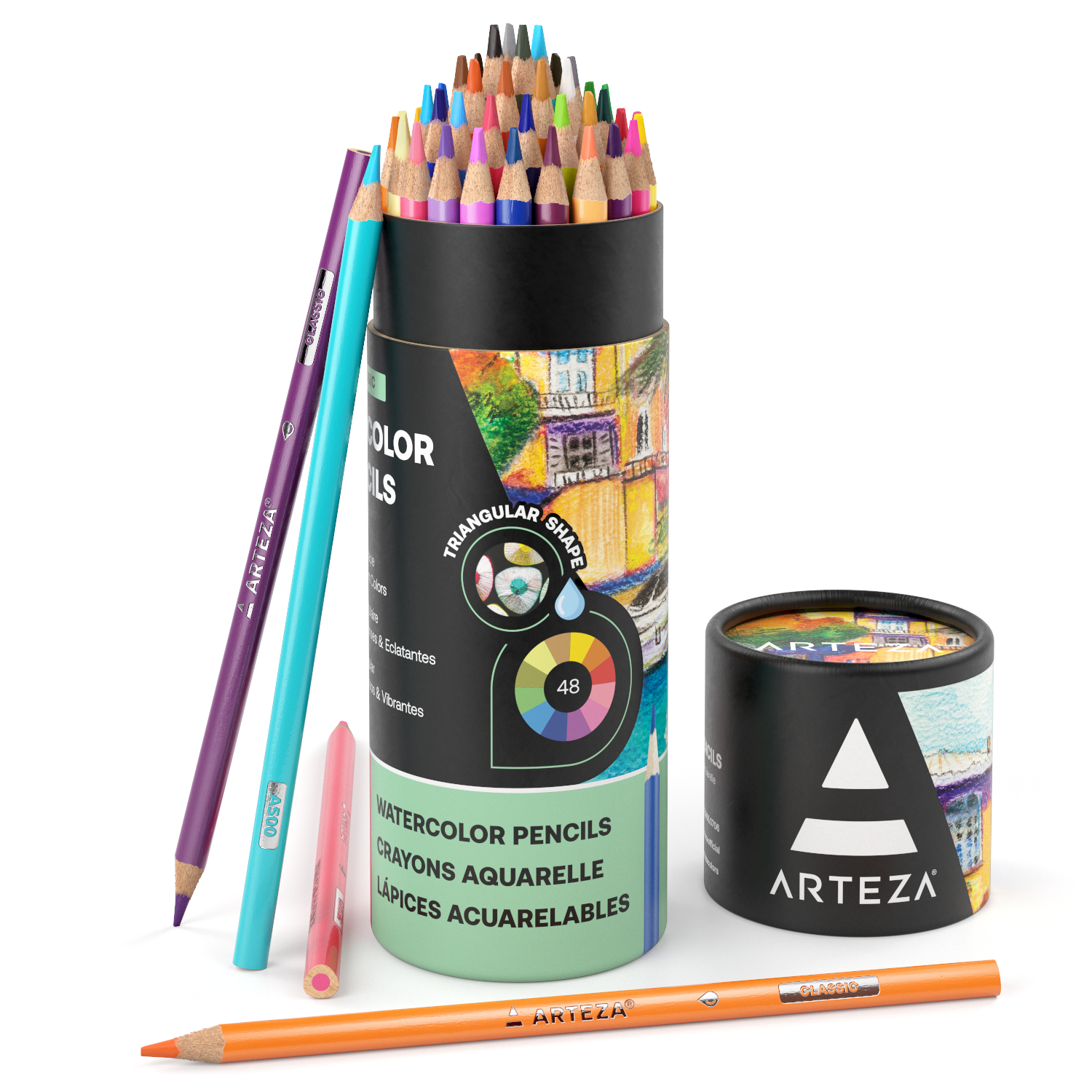 Arteza Watercolor Pencils Set of 48, Presharpened, triangular-shaped Colored for