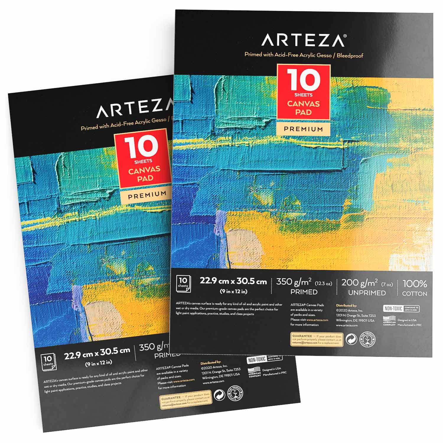 Arteza Canvas Paper Pad, 9 inchx12 inch, White, 10 Sheets - 2 Pack