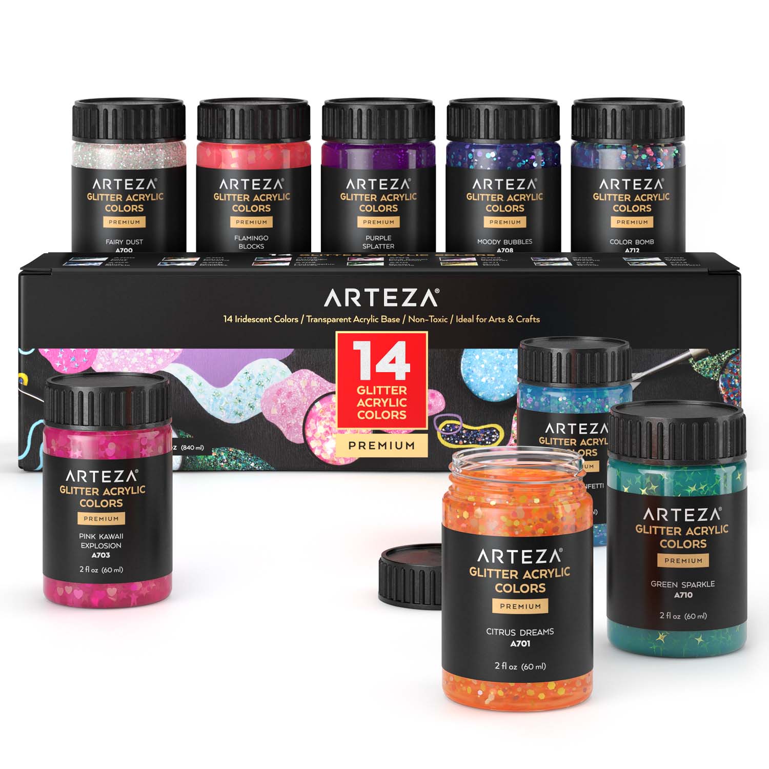 Arteza Iridescent Acrylic Paint, Dreamer Tones, 60 ml Bottles Set- 10 Pack