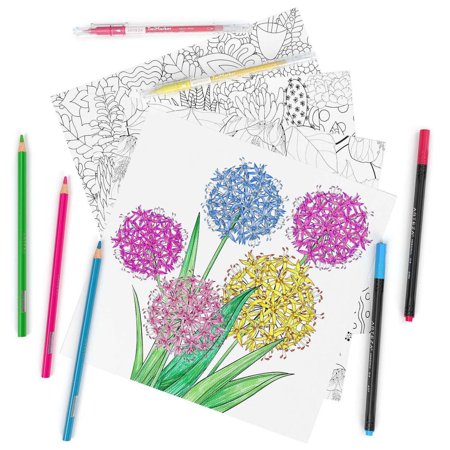 Coloring Book, 9" x 9", Floral Illustrations, 50 Sheets