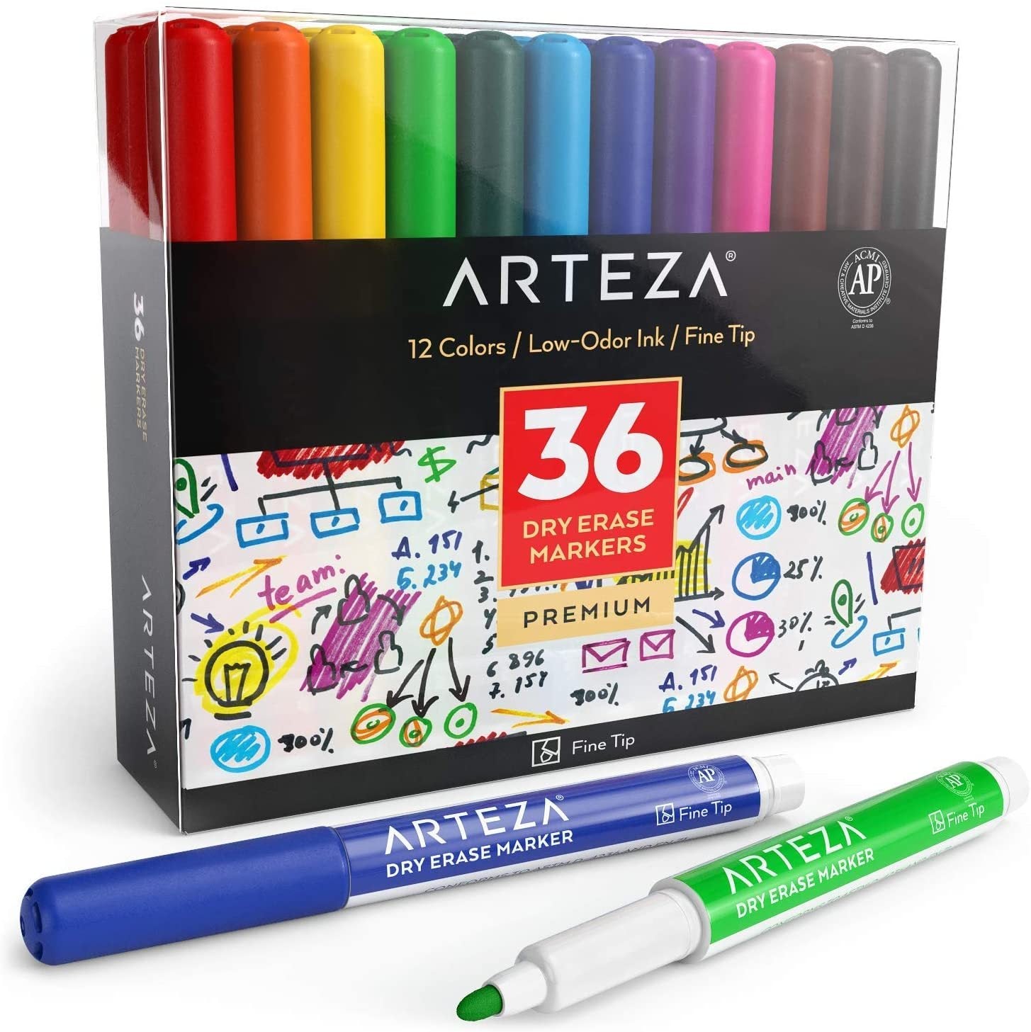 Arteza Dry Erase Markers, Pack of 36 with Fine Tip, 12 Assorted Colors with Low