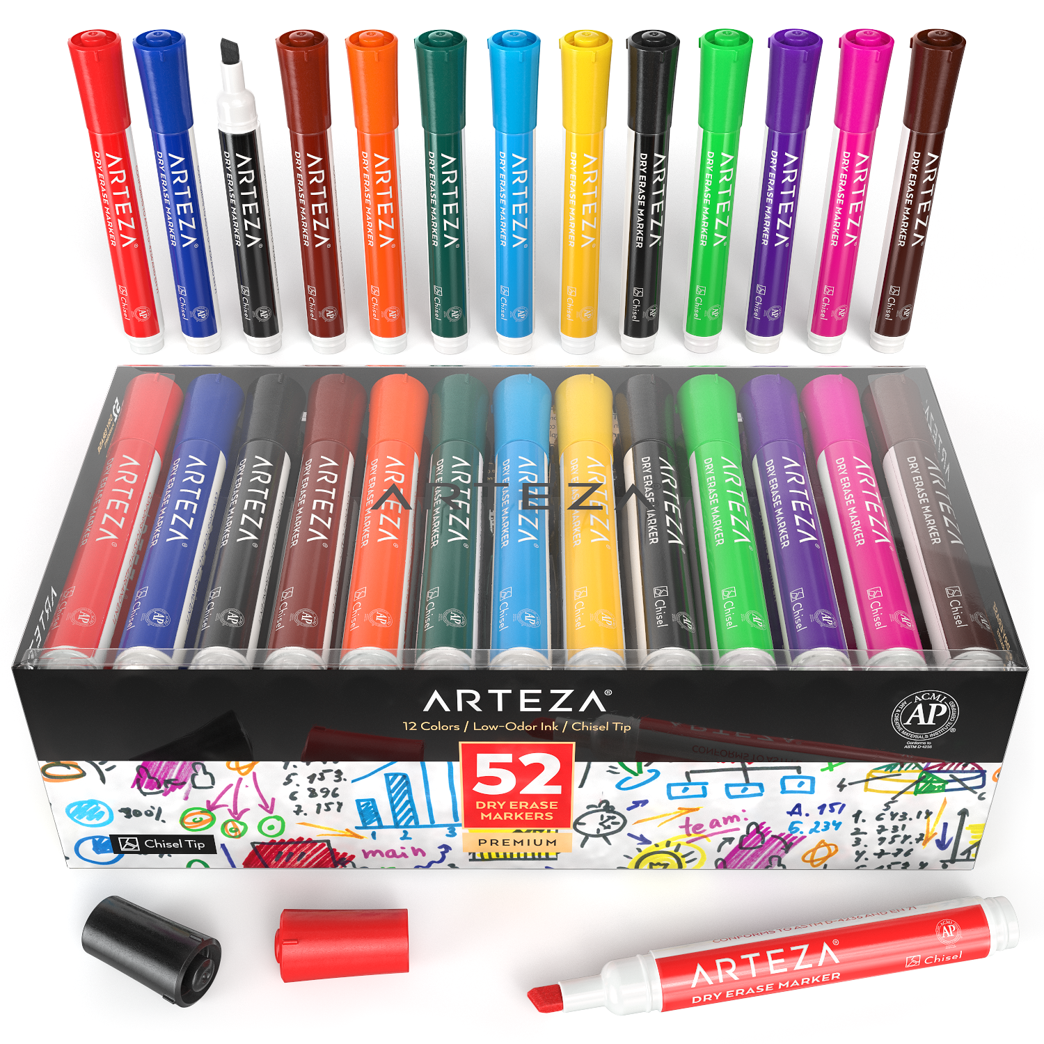 Arteza Dry Erase Markers Fine Tip, Bulk Pack of 36 Low Odor Dry