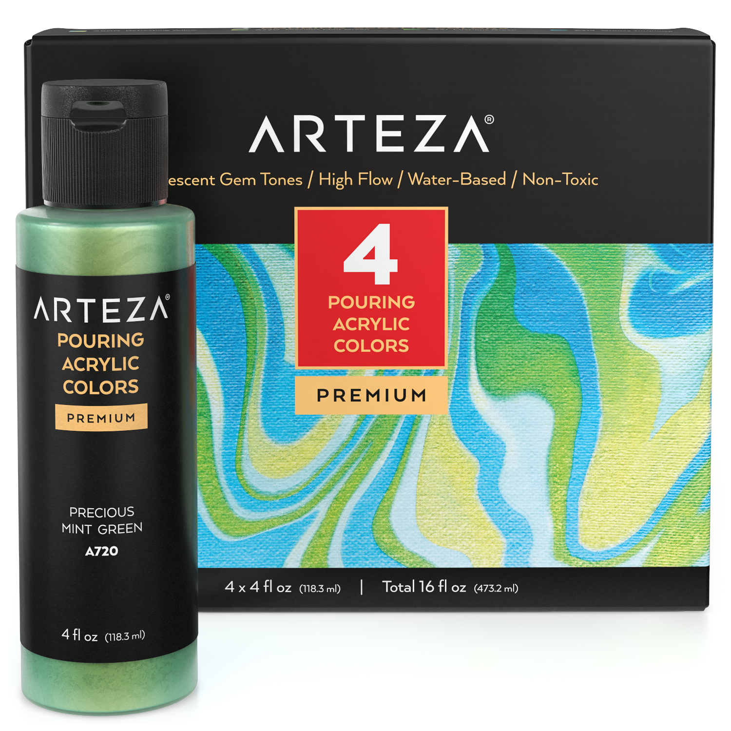 Arteza Iridescent Acrylic Paint, Set of 4, Gem Tones, 4 fl oz Bottles, High-Flow Pouring Paint, Art Supplies for Canvas, Glass, Wood, Ceramics, Tile