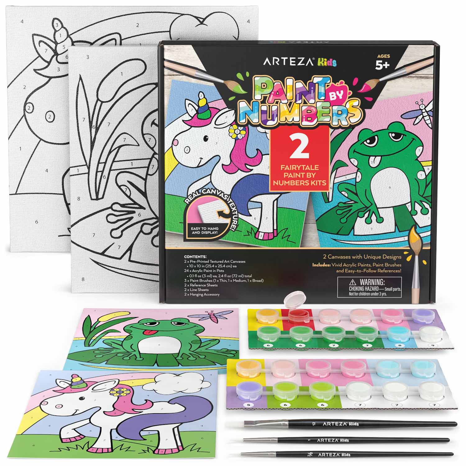 Arteza Kids Paint by Numbers Kit, 10 x 10 Inches, Pre-Printed Fairytale Canvas Painting Kit with 2 Canvases, 24 Acrylic Paint Pots, 3 Paintbrushes