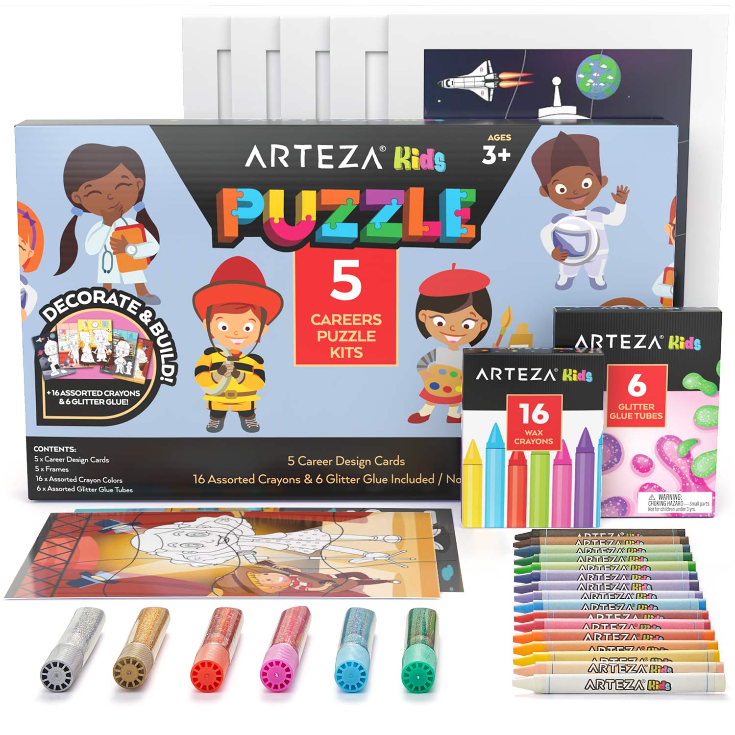Arteza Kids Coloring Puzzle Kit, 5 Careers Jigsaw Puzzles, 16 Crayons, 6 Tubes O