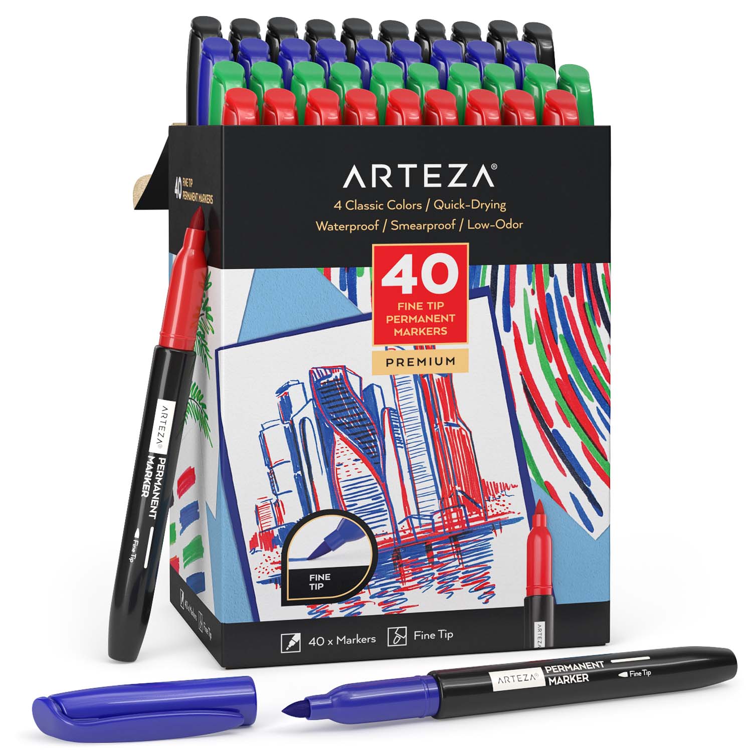 Arteza Permanent Markers, Fine Tip, Assorted Colors - Set of 40