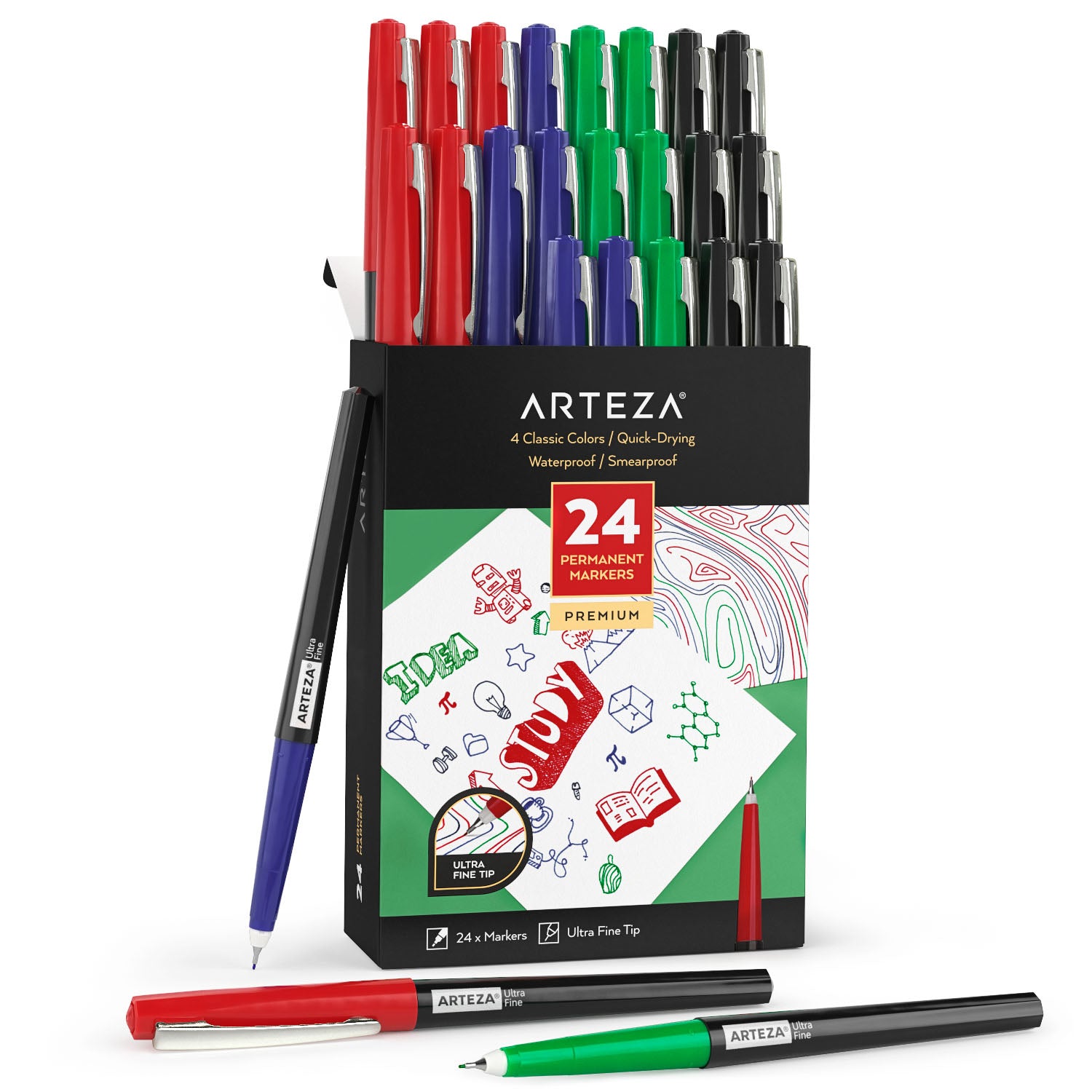Arteza Permanent Markers, Classic Colors, Ultra Fine Tip - Set of 24
