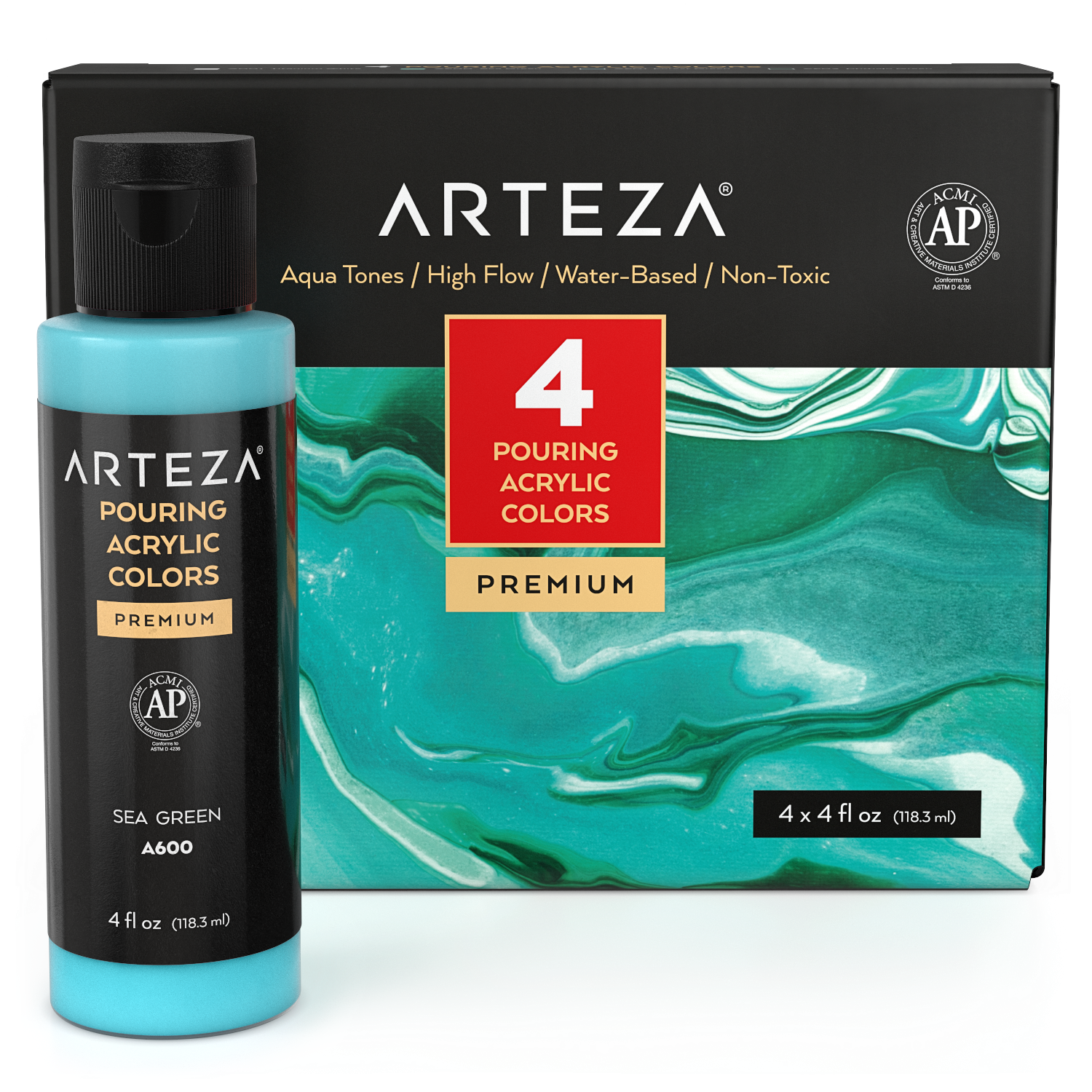 Arteza Pouring Acrylic Paint, Aqua Tones, 4oz Bottles - Set of 4