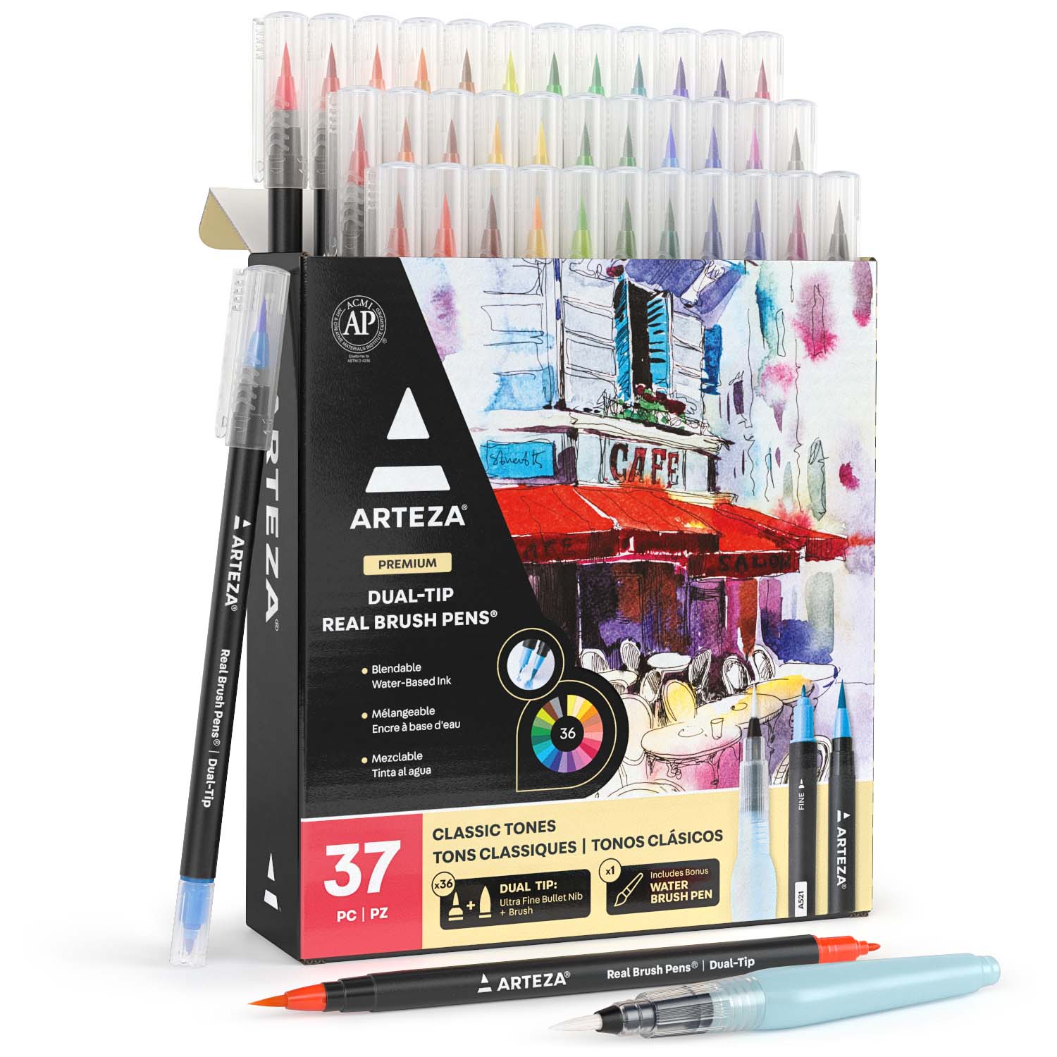 Arteza Real Brush Pens, 36 Dual-Tip Watercolor Markers with Flexible Nylon Brush Tips, Professional Watercolor Pens for Painting, Drawing, Coloring