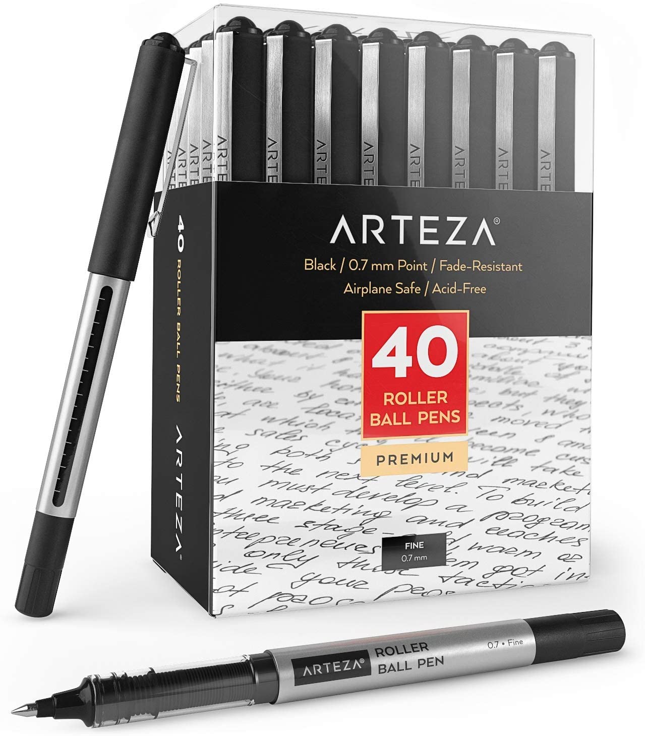 Arteza Roller Ball Pens, Black Ink, 0.7 mm Bullet Point - 40 Pack