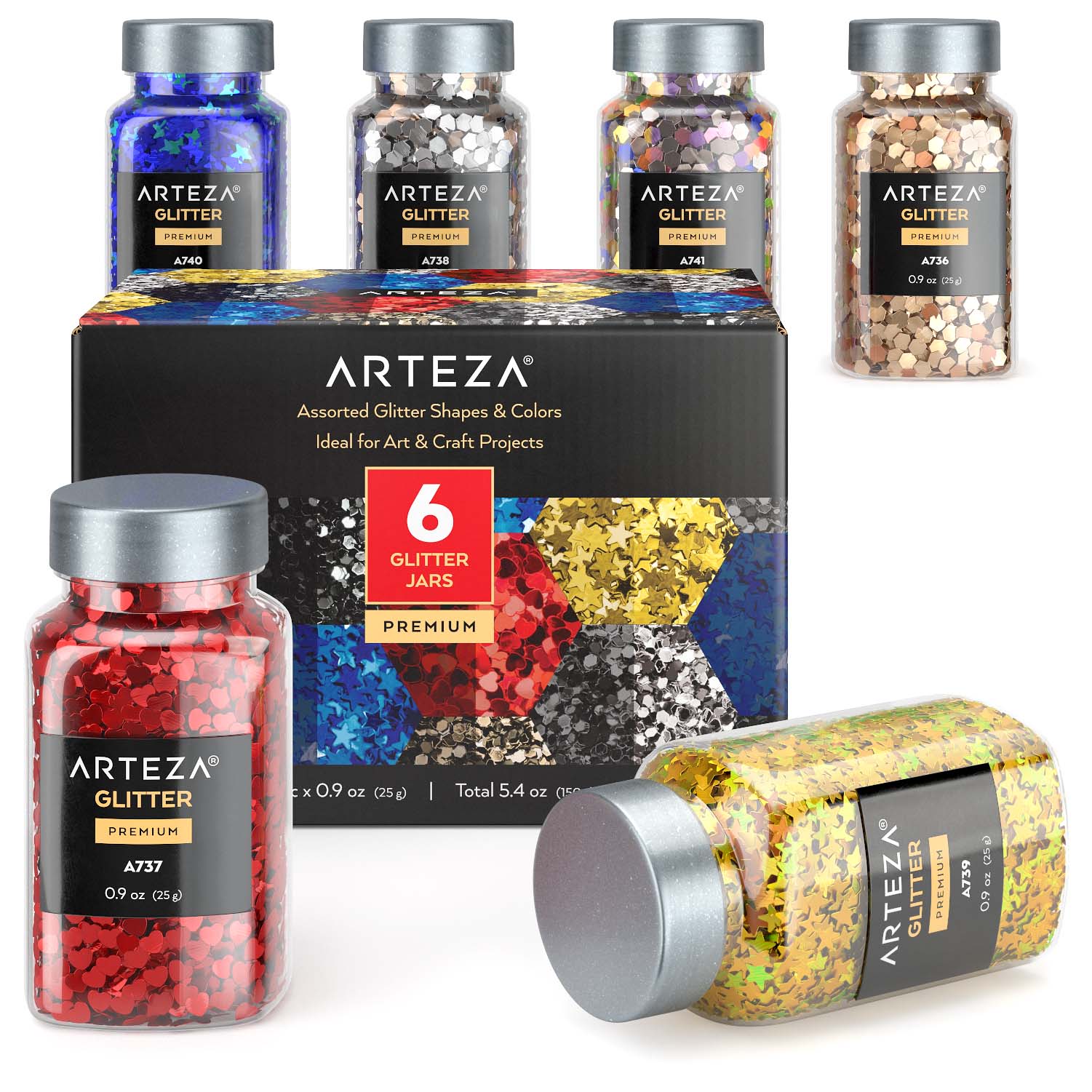 Chunky Glitter, Assorted Shapes & Colors- Set of 6 | Arteza
