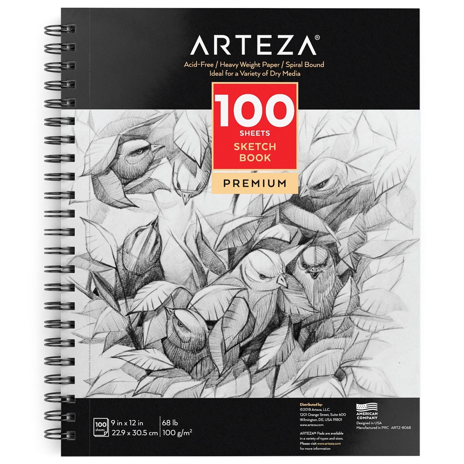 Sketchbook 9X12 Inch (68lb/100g), 100 Sheets of Top Spiral Bound Art Supply