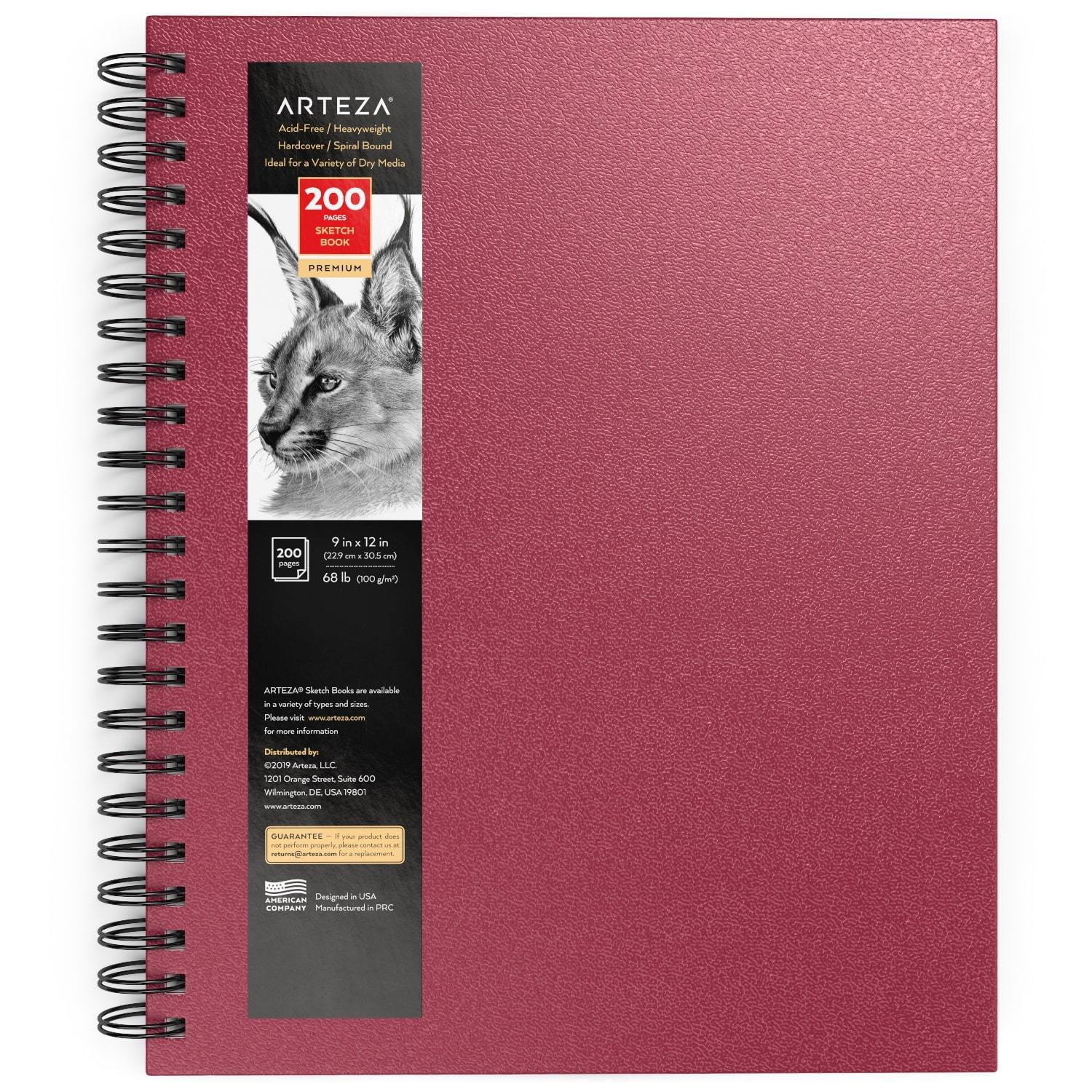 Arteza Hardcover Sketchbook, 9 x 12 Inches, 100 Sheets — 200 Pages, Pink Cover, Spiral-Bound 68-lb Drawing Pad, Art Supplies for Drawing with Dry