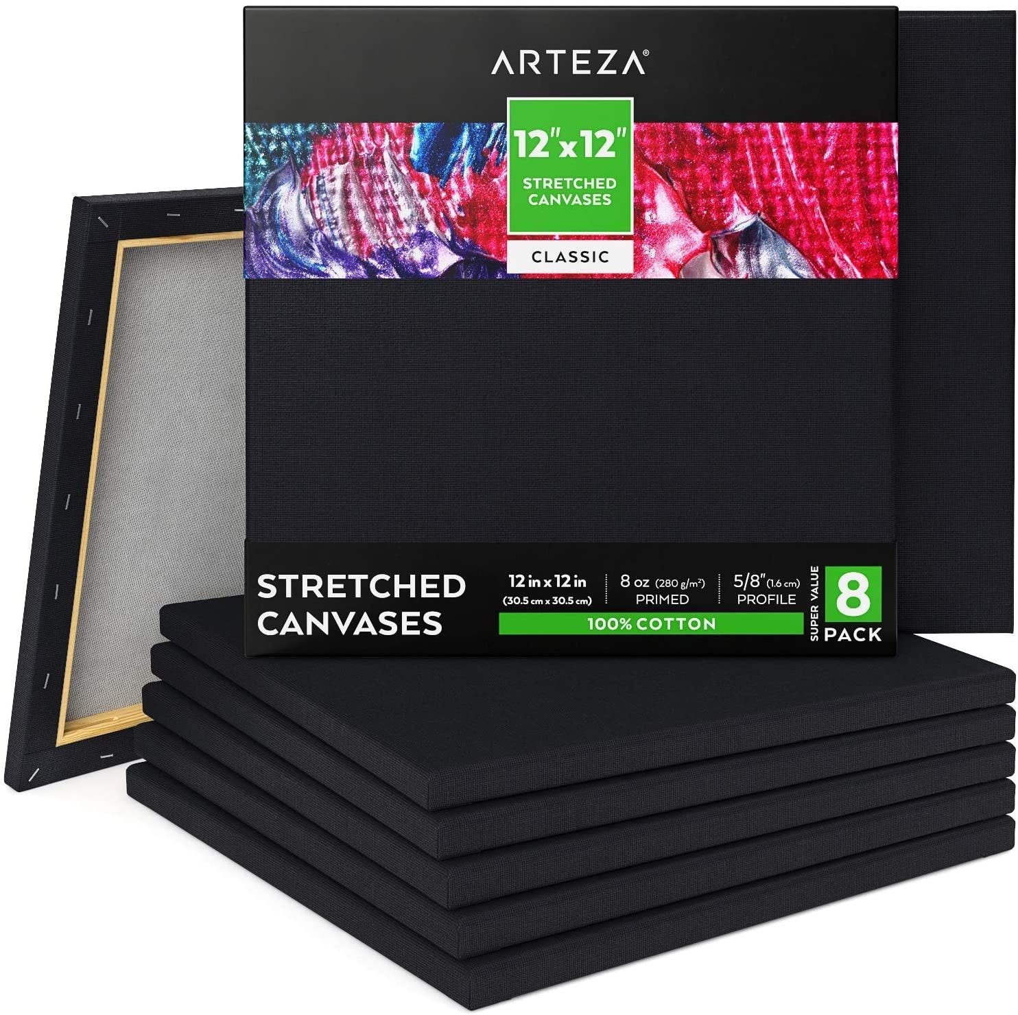 Classic Stretched Canvas, Black, 12 x 12 - Pack of 8