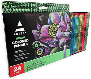 ARTEZA Metallic Colored Pencils, 24 Coloring Pencils Set, Triangular Grip, Pre-Sharpened, Art Supplies for Drawing and Coloring