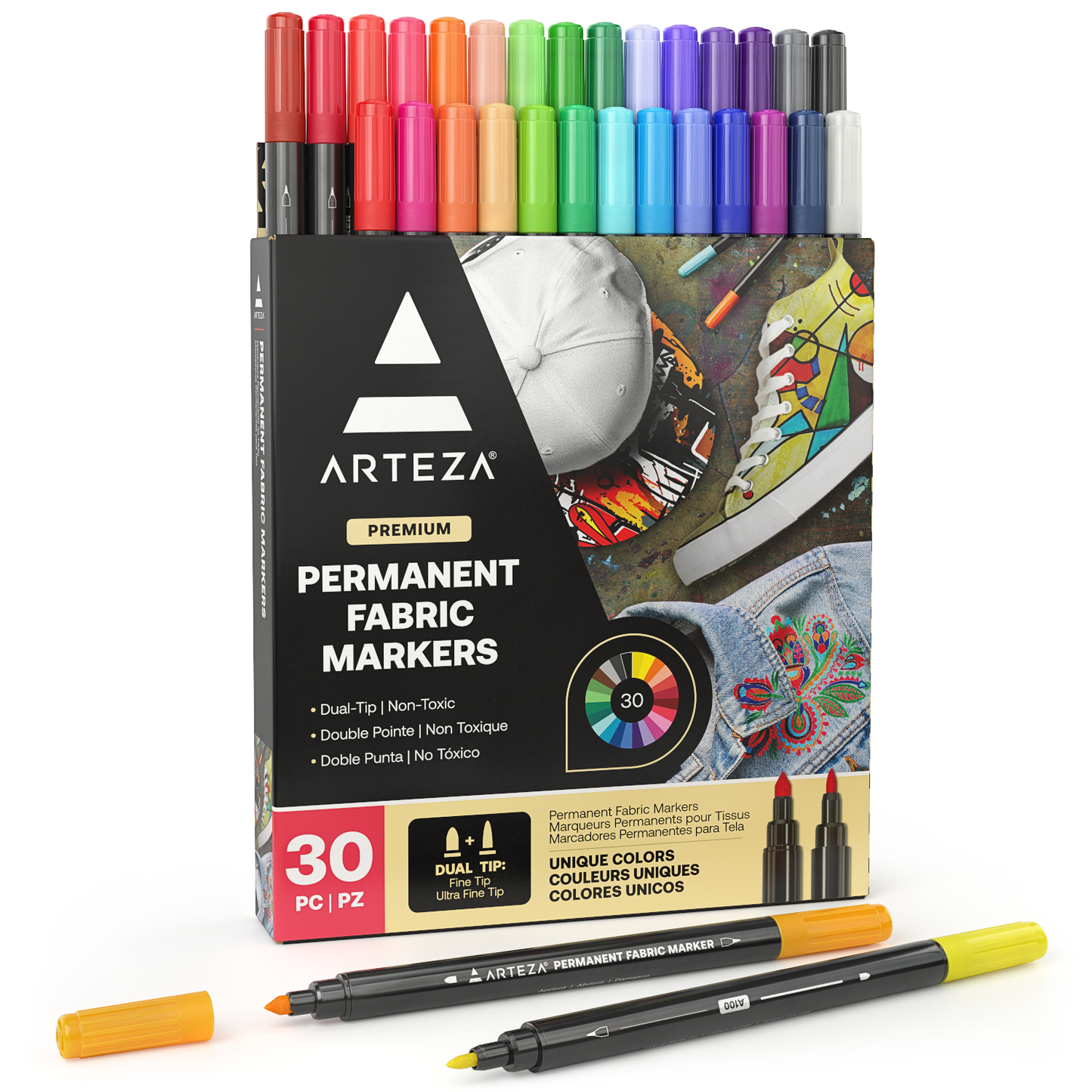 ARTEZA Fabric Paint Markers, Set of 30, Permanent Dual-Tip Textile Marker,  Assorted Colors, Art Supplies for Coloring T-Shirts, Jeans, Jackets, and