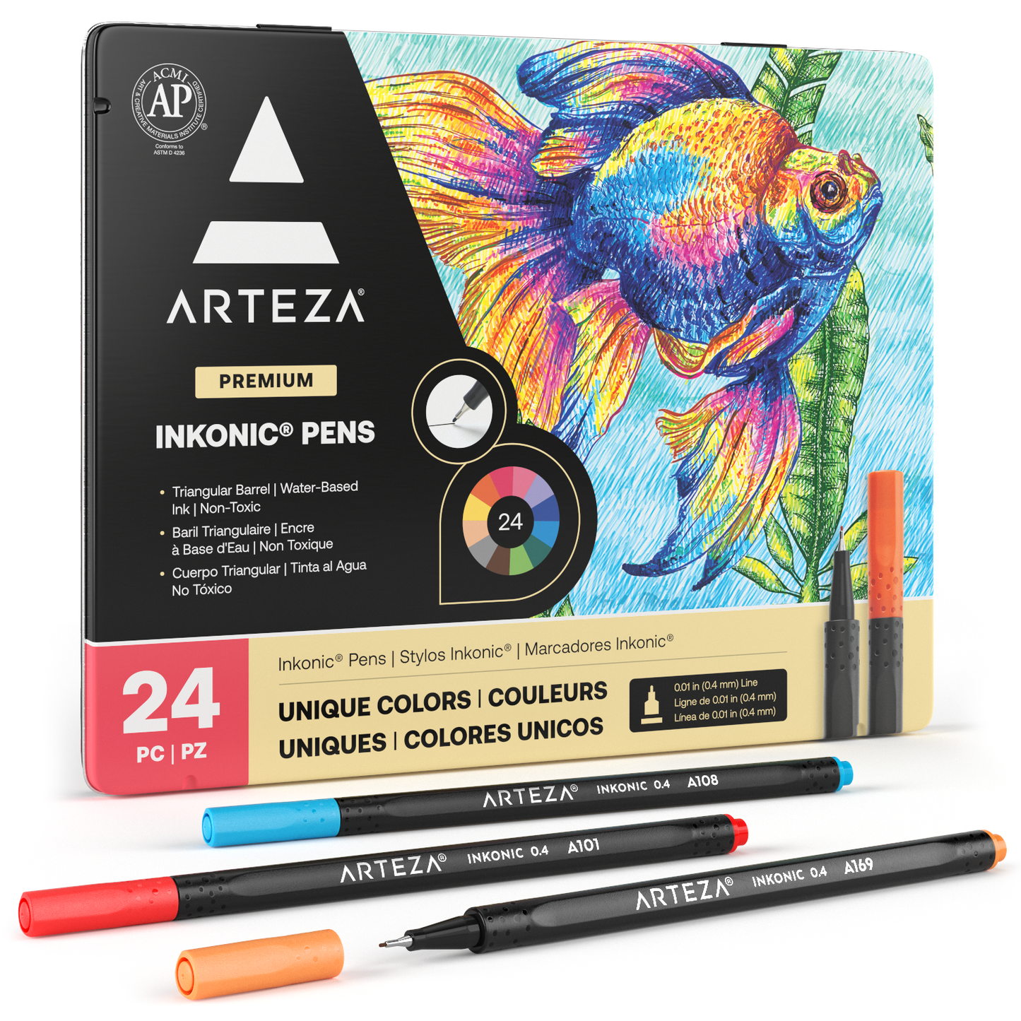 Arteza Fineliner Pens, Inkonic, Fine Line, Black - 12 Pack