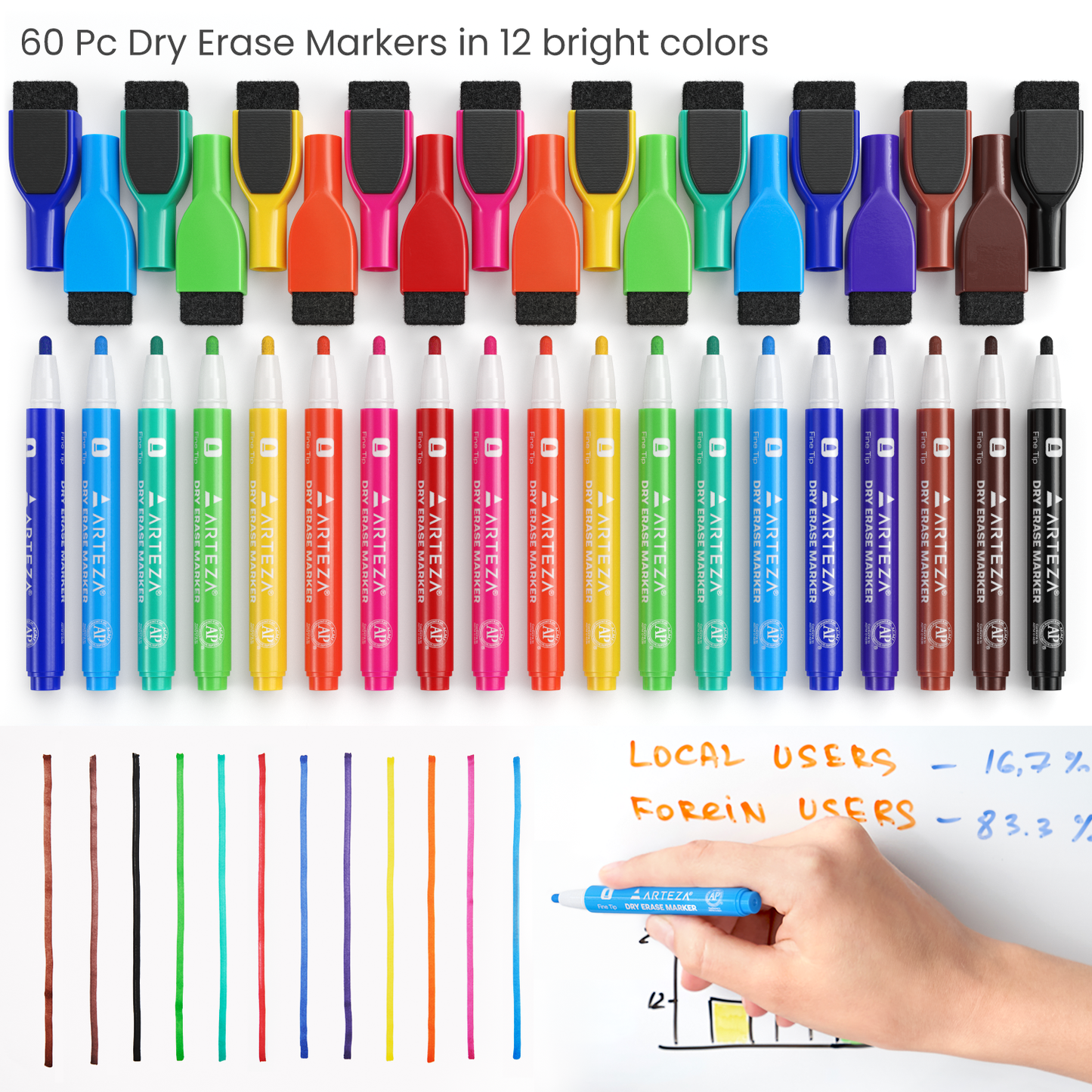 Dry Erase Markers with Magnetic Eraser Caps, Fine Tip - Set of 60