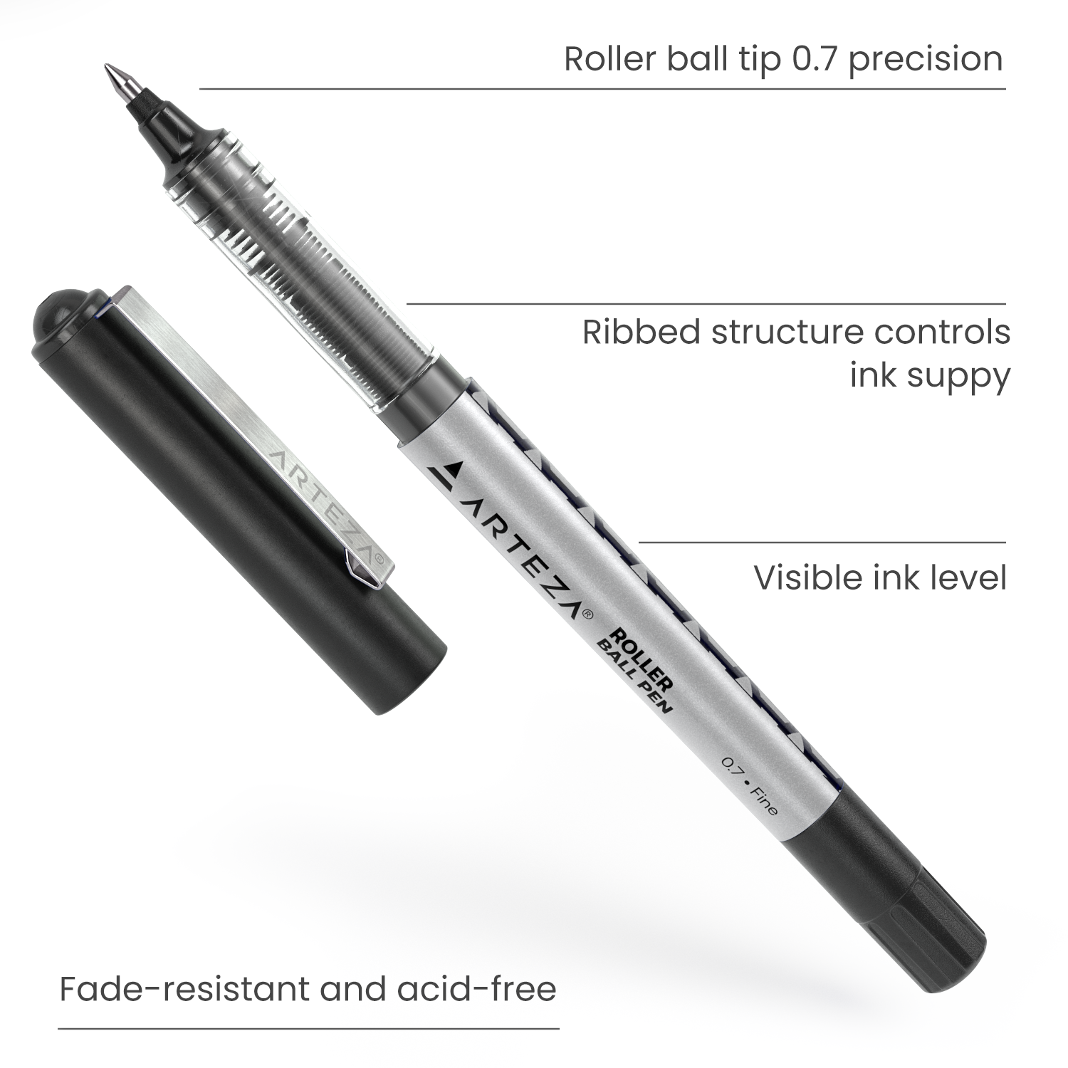 Roller Ball Pens, Black, 0.7mm Fine Nib - Set of 20