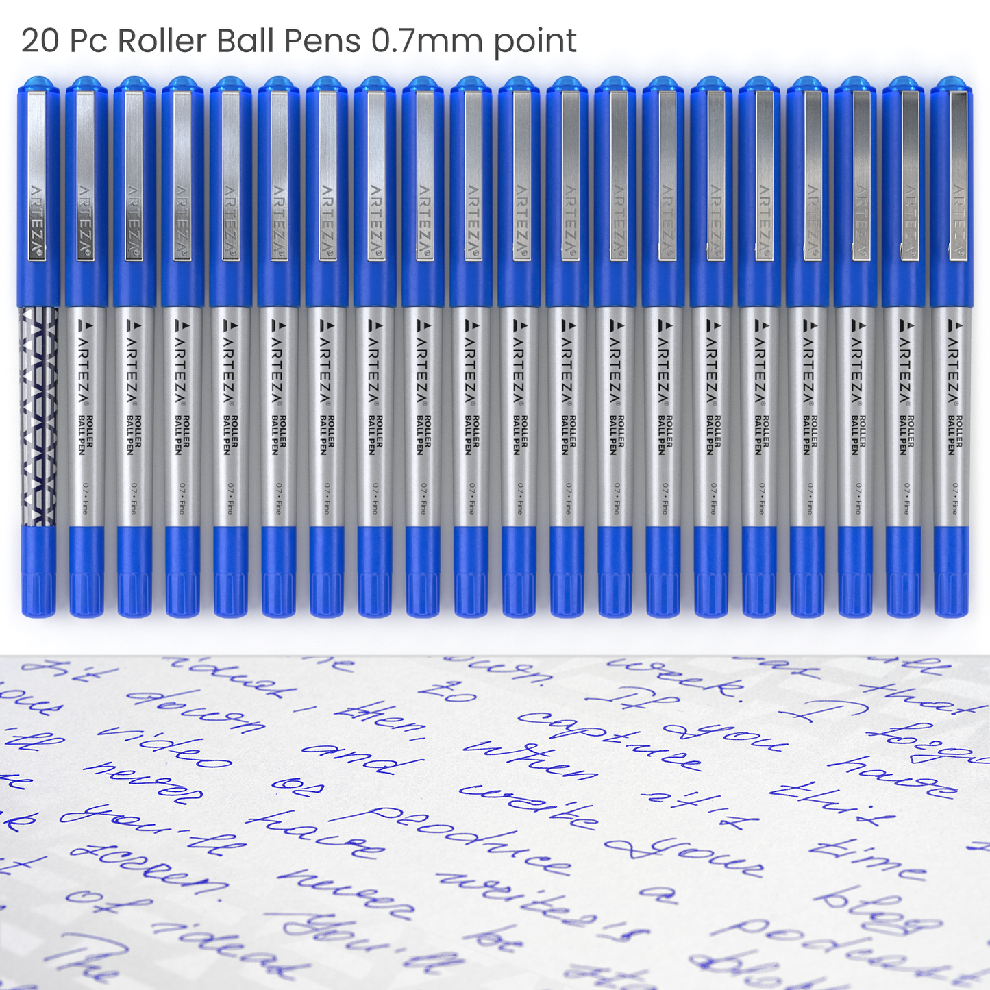 Roller Ball Pens, Blue, 0.7mm Fine Nib - Set of 20