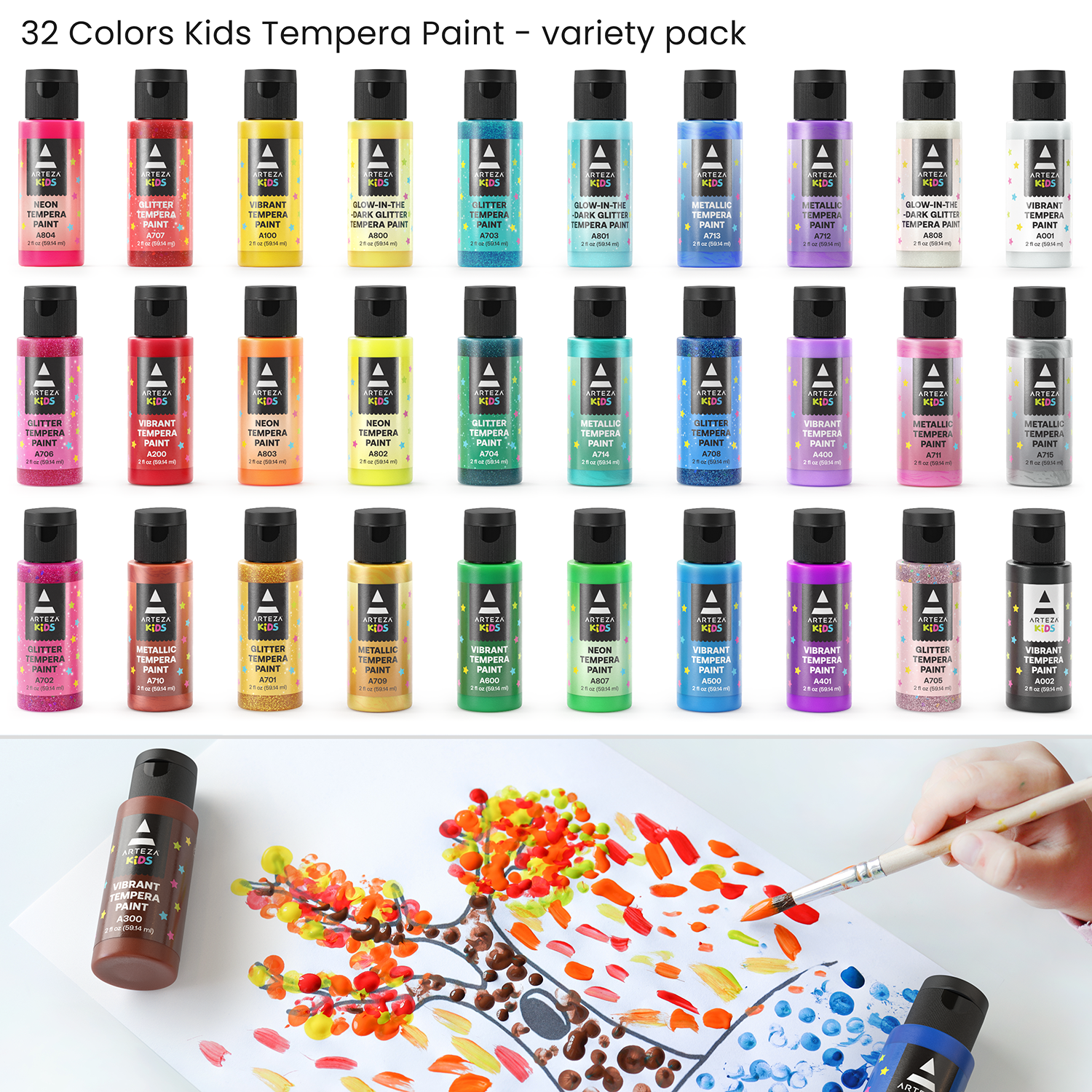  Arteza Kids Juego de pintura de témpera, 16 colores ricos y no  tóxicos lavables (13.5 oz/13.5 fl oz), suministros de arte para pintura de  dedos, pintura de esponja y pintura de